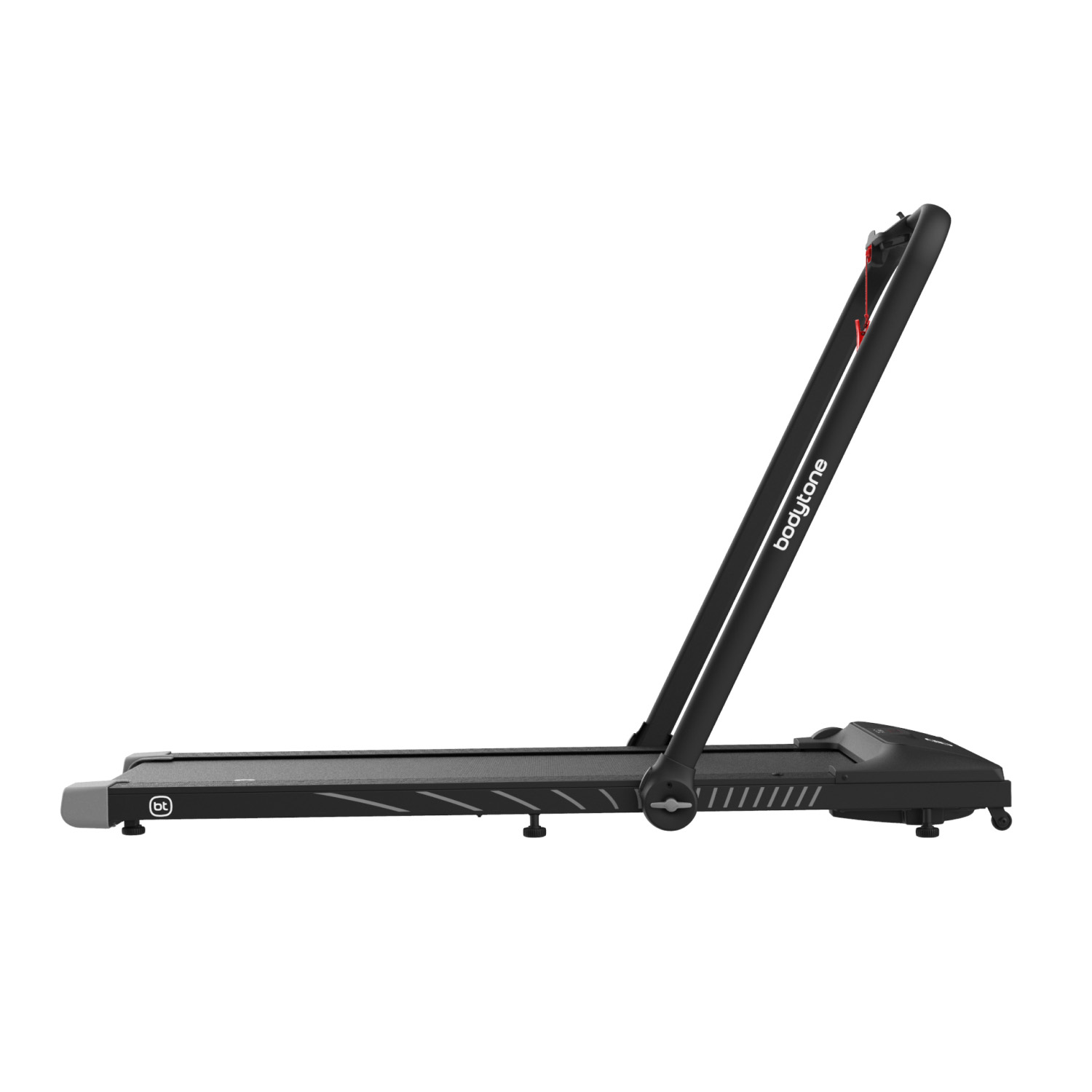 Tapis roulant nero, vista laterale, con maniglie sollevate.