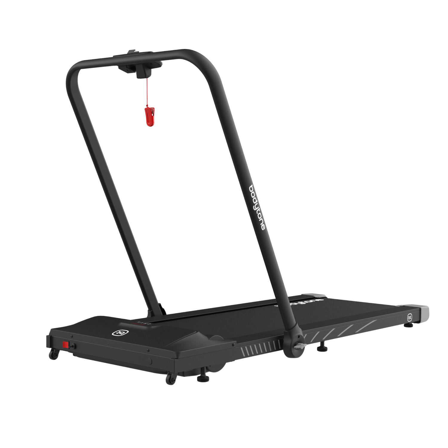 Tapis roulant nero con chiave di sicurezza rossa. Sfondo bianco. Logo Bodytone.