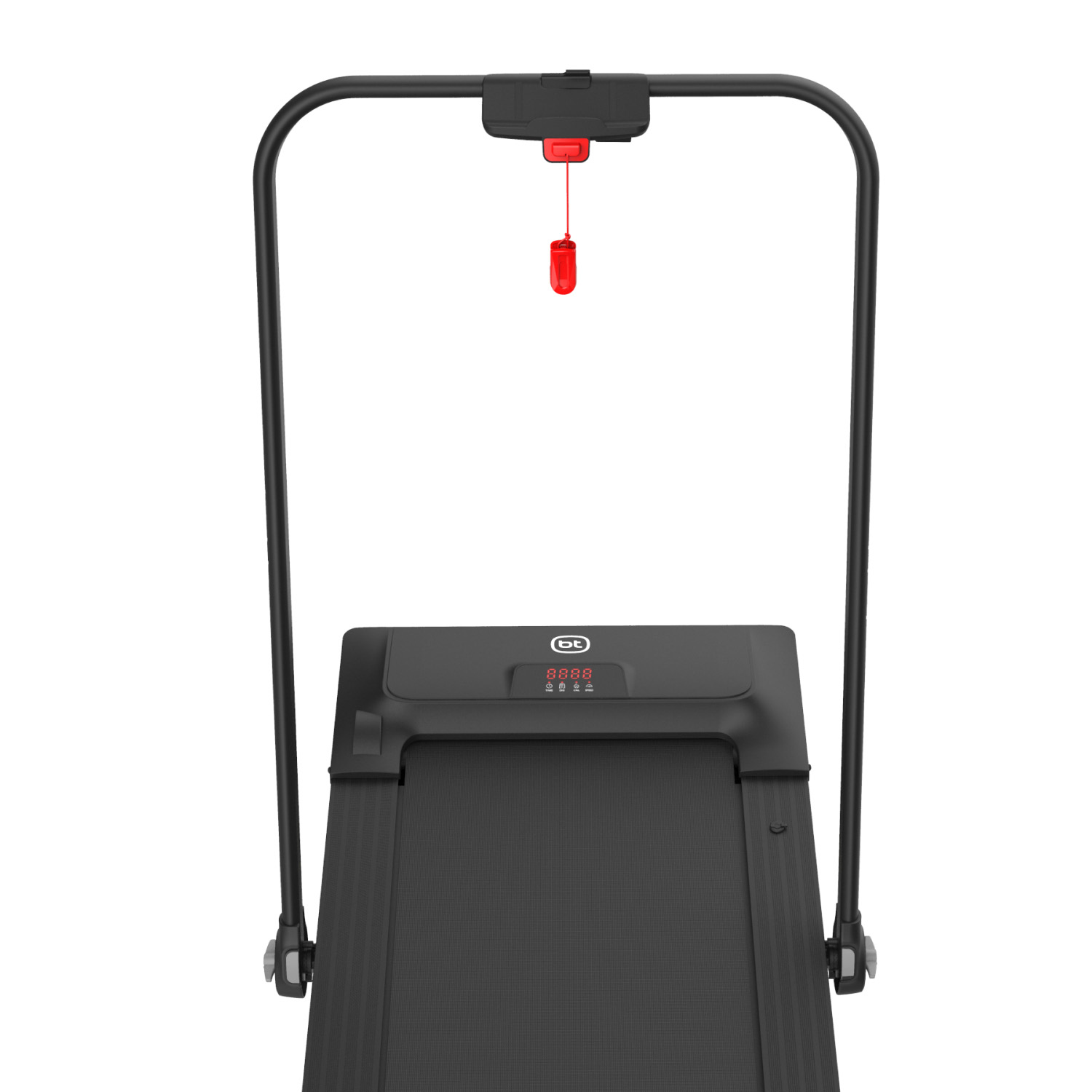 Tapis roulant dall'alto. Presenta una superficie di corsa nera, un display e una chiave di sicurezza rossa appesa.