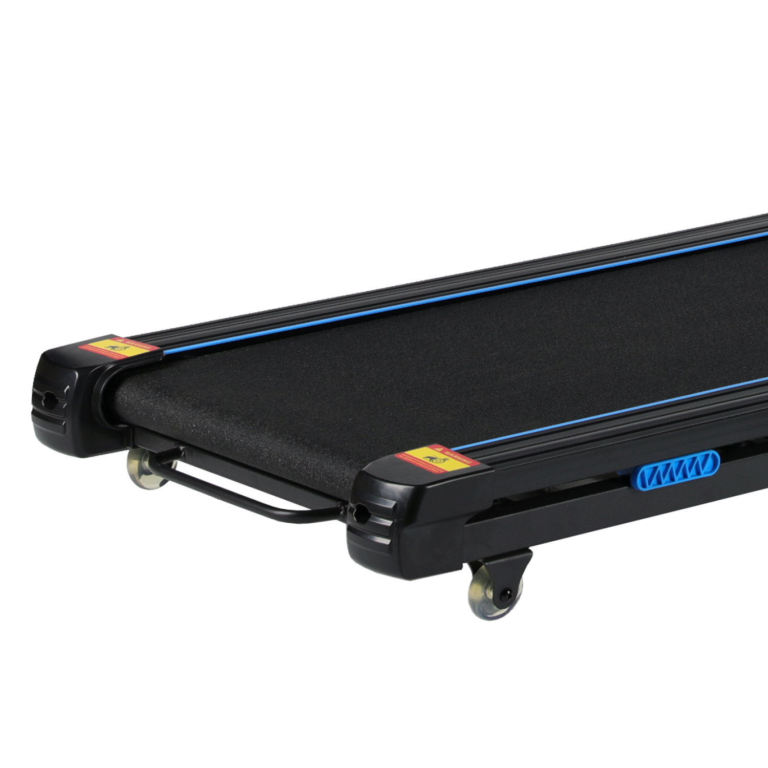 Un tapis roulant nero con linee blu. Ha un nastro da corsa nero e ruote.