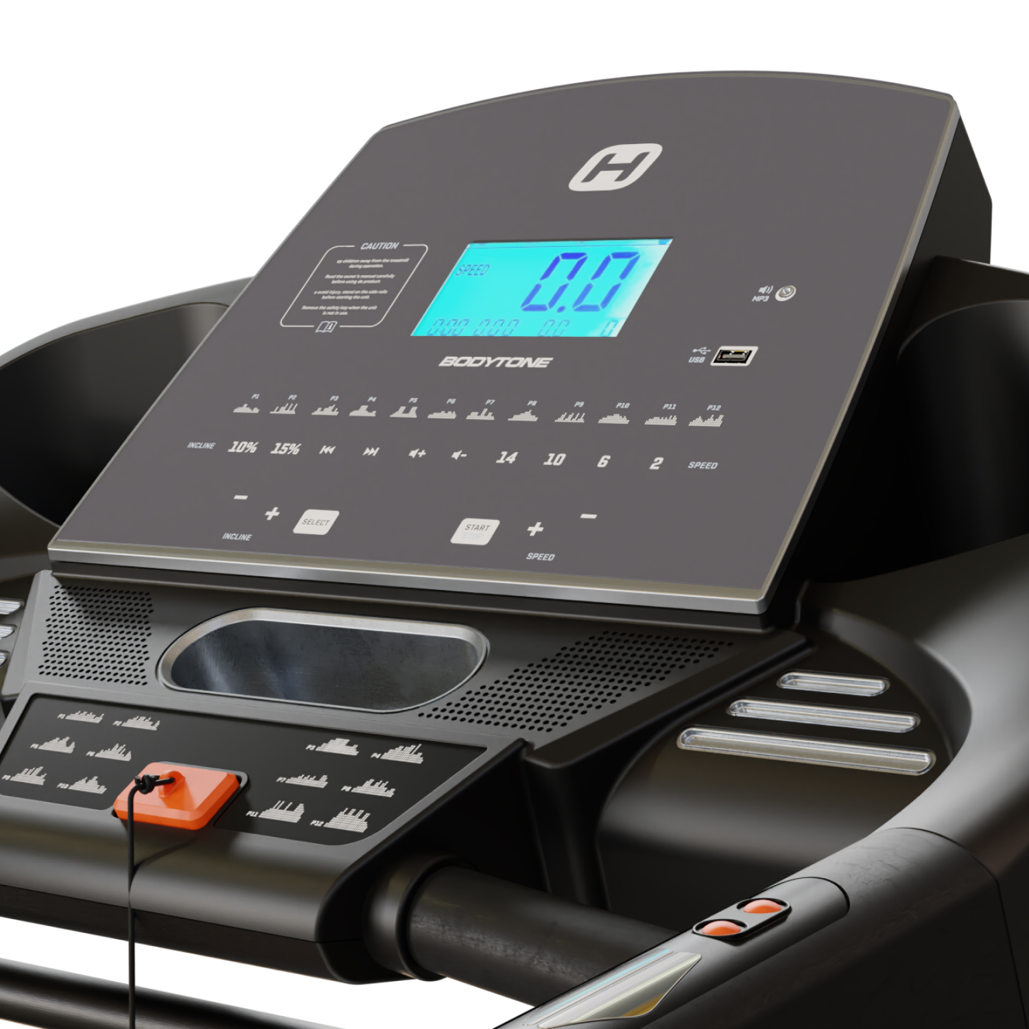 Pannello di controllo del tapis roulant con display digitale che mostra la velocità. Colore nero, con pulsanti e inclinazione.