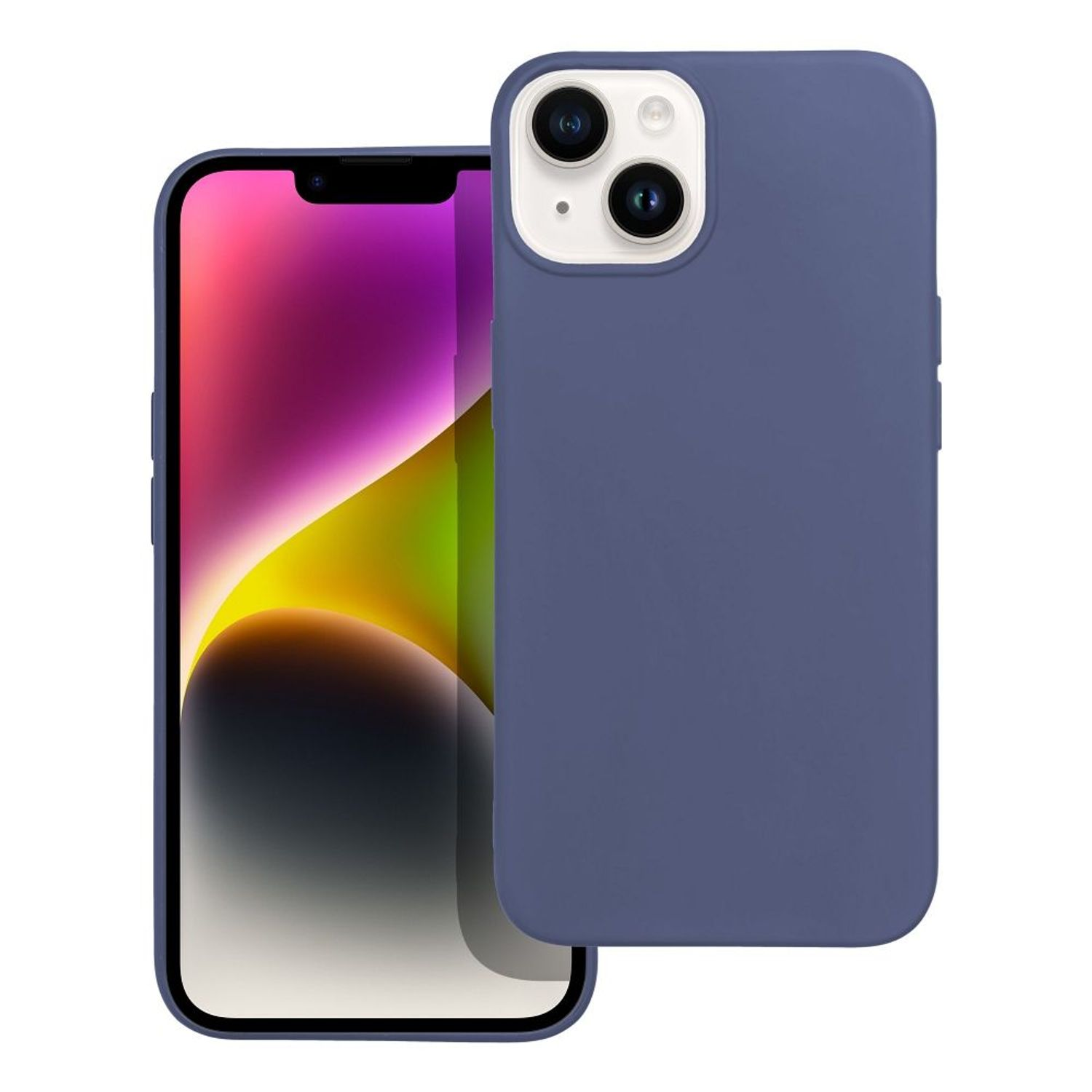 Smartphone mit blauem Gehäuse. Der Bildschirm ist sichtbar. Weißer Hintergrund.