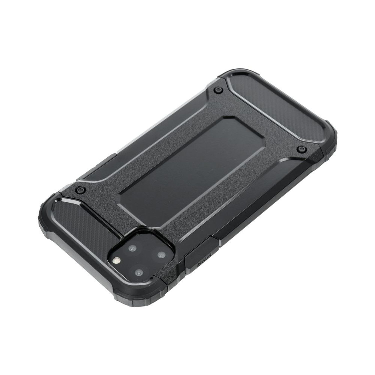 Schwarze Handyhülle mit robustem Design, sichtbarer Kameraausschnitt, isoliert auf Weiß.