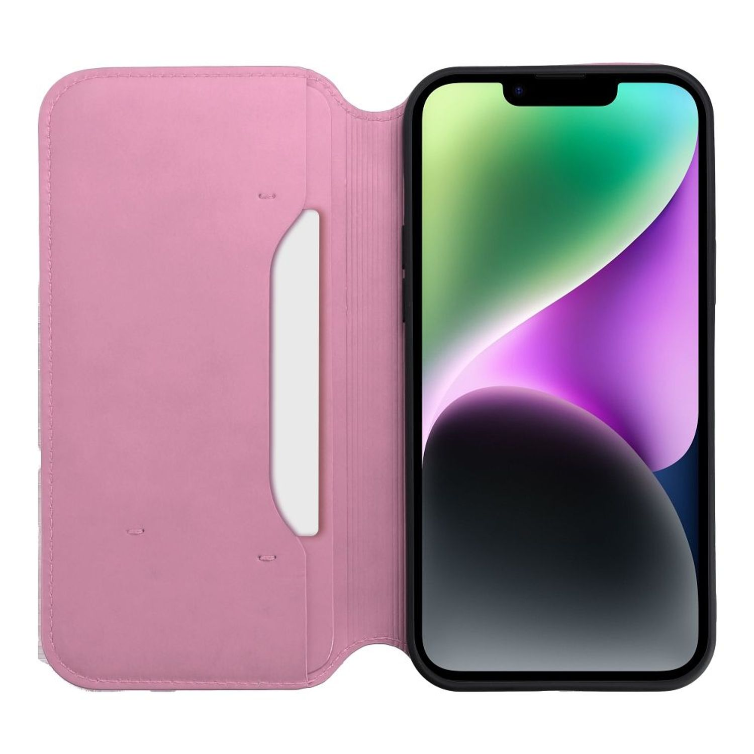 Rosa Handyhülle offen mit Telefon. Das Telefon ist schwarz mit einem Bildschirm.