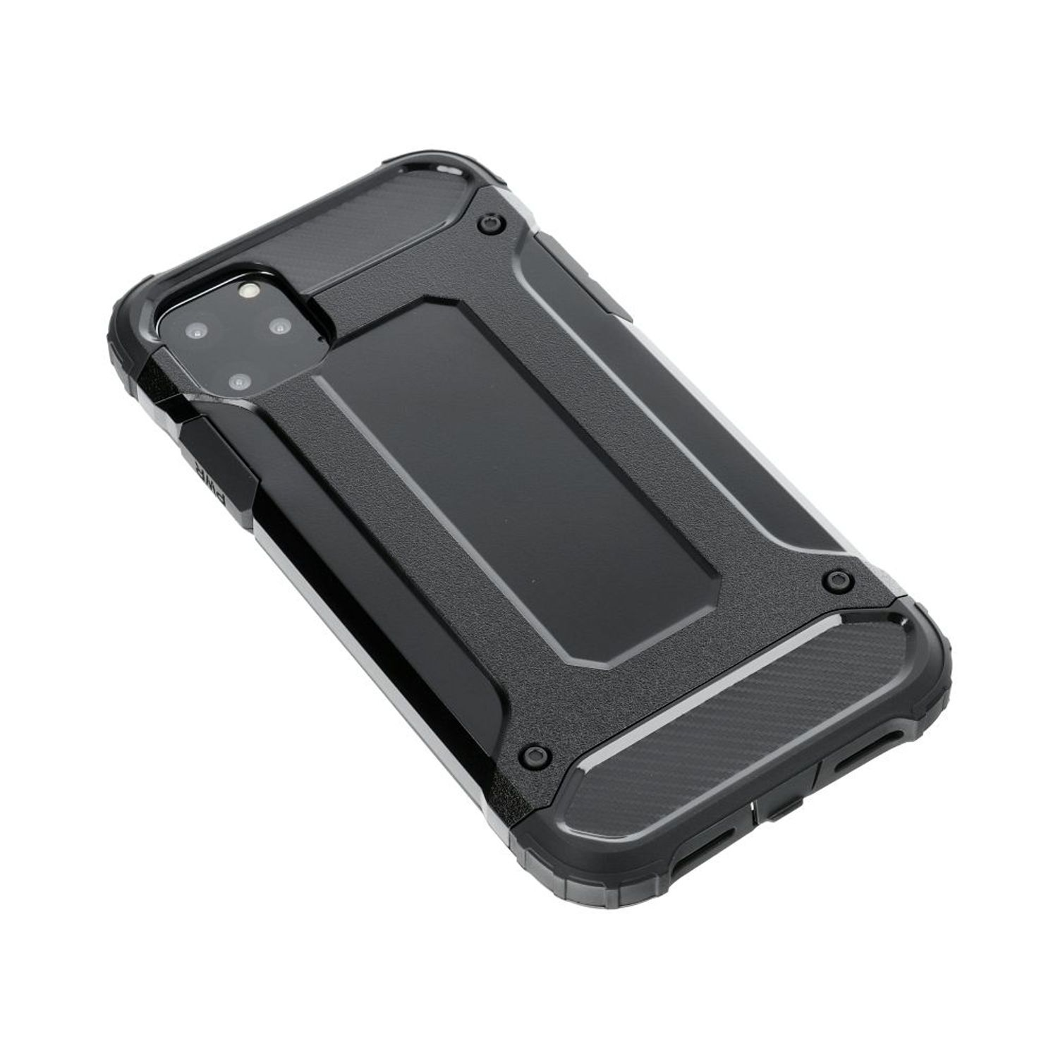 Schwarze Handyhülle, schräge Ansicht. Schwarzes, strukturiertes Design. Enthält Kamera- und Blitzlöcher.