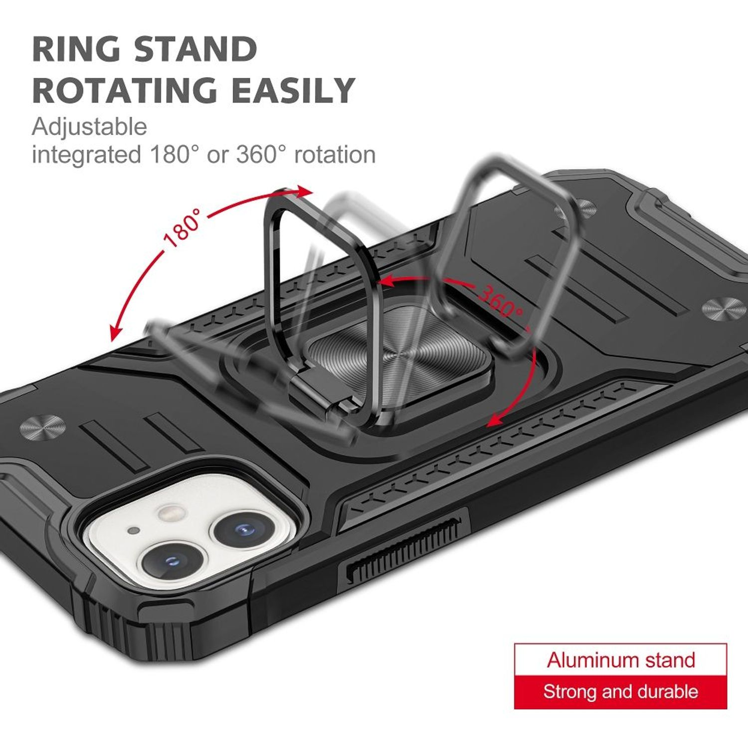 Schwarze Handyhülle mit Ringständer. Ring kann sich um 180 oder 360 Grad drehen. Roter Text: 'Aluminum stand'.