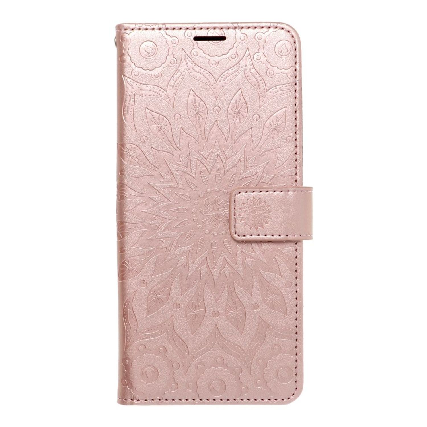 Eine roségoldfarbene Handyhülle mit Mandala-Design und Riemenverschluss.