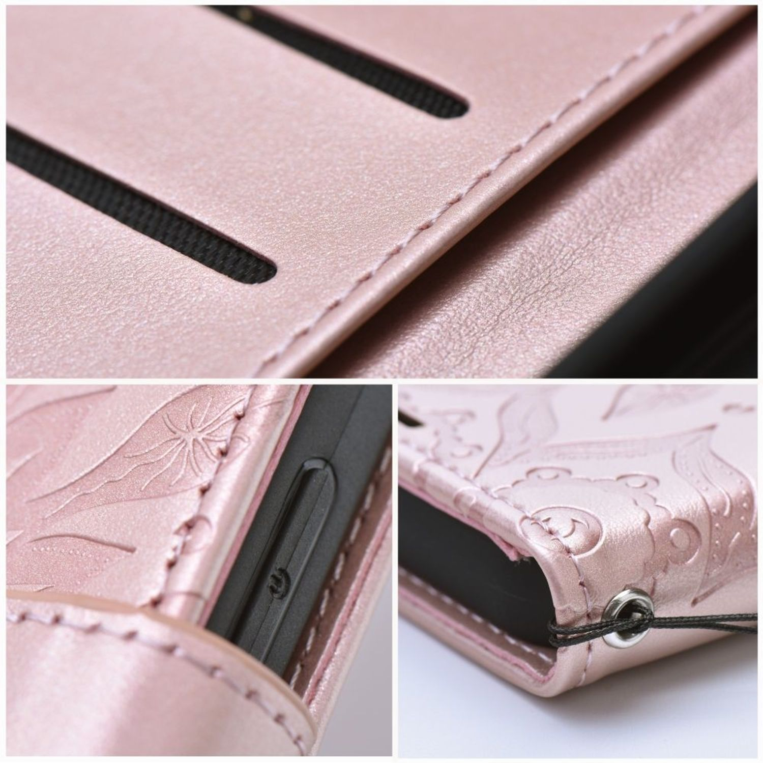 Details einer rosa Tablet-Hülle. Verschiedene Nahaufnahmen. Weißer Hintergrund.