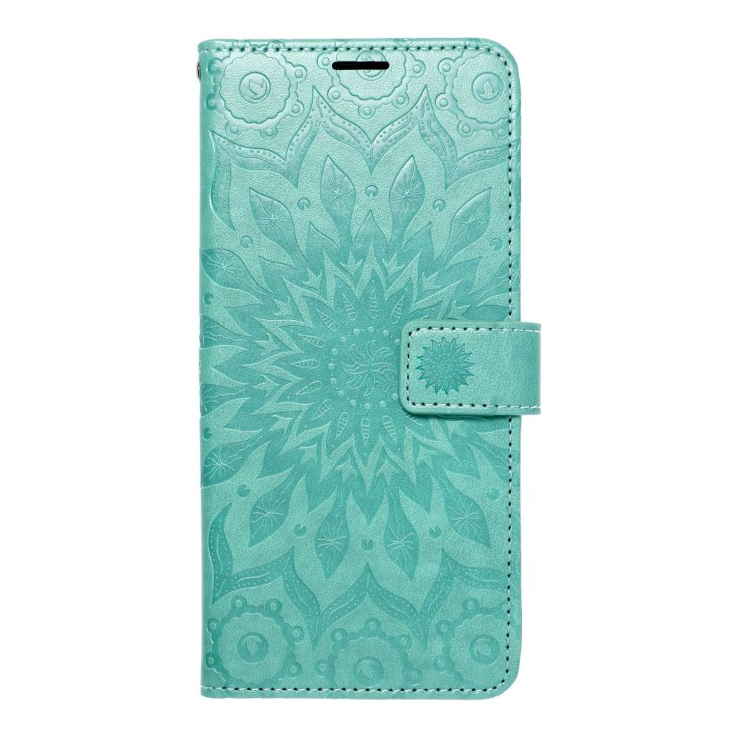 Eine türkisfarbene Handyhülle mit Mandala-ähnlichem Design und einem Knopfverschluss.