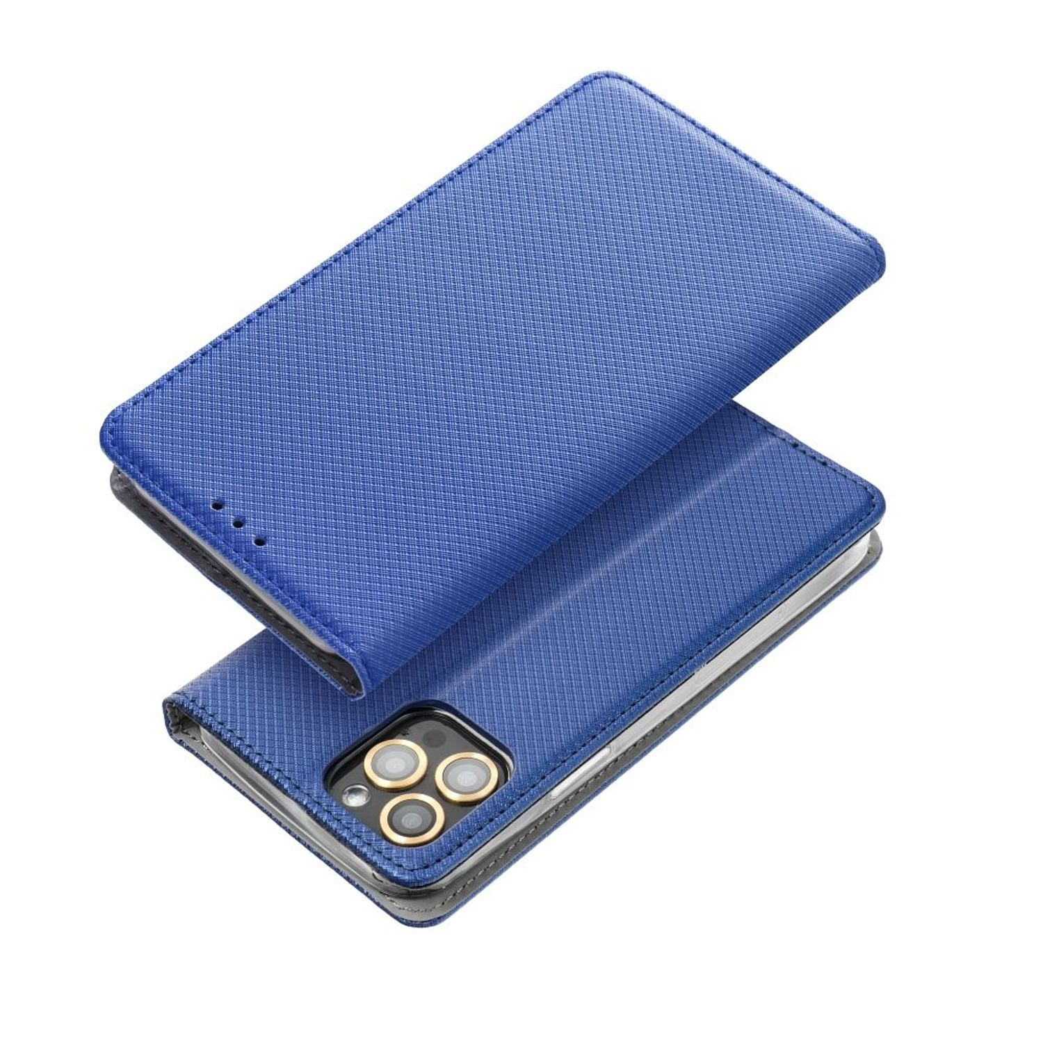 Blaue Tablet-Hülle in geöffneter Position. Weißer Hintergrund.
