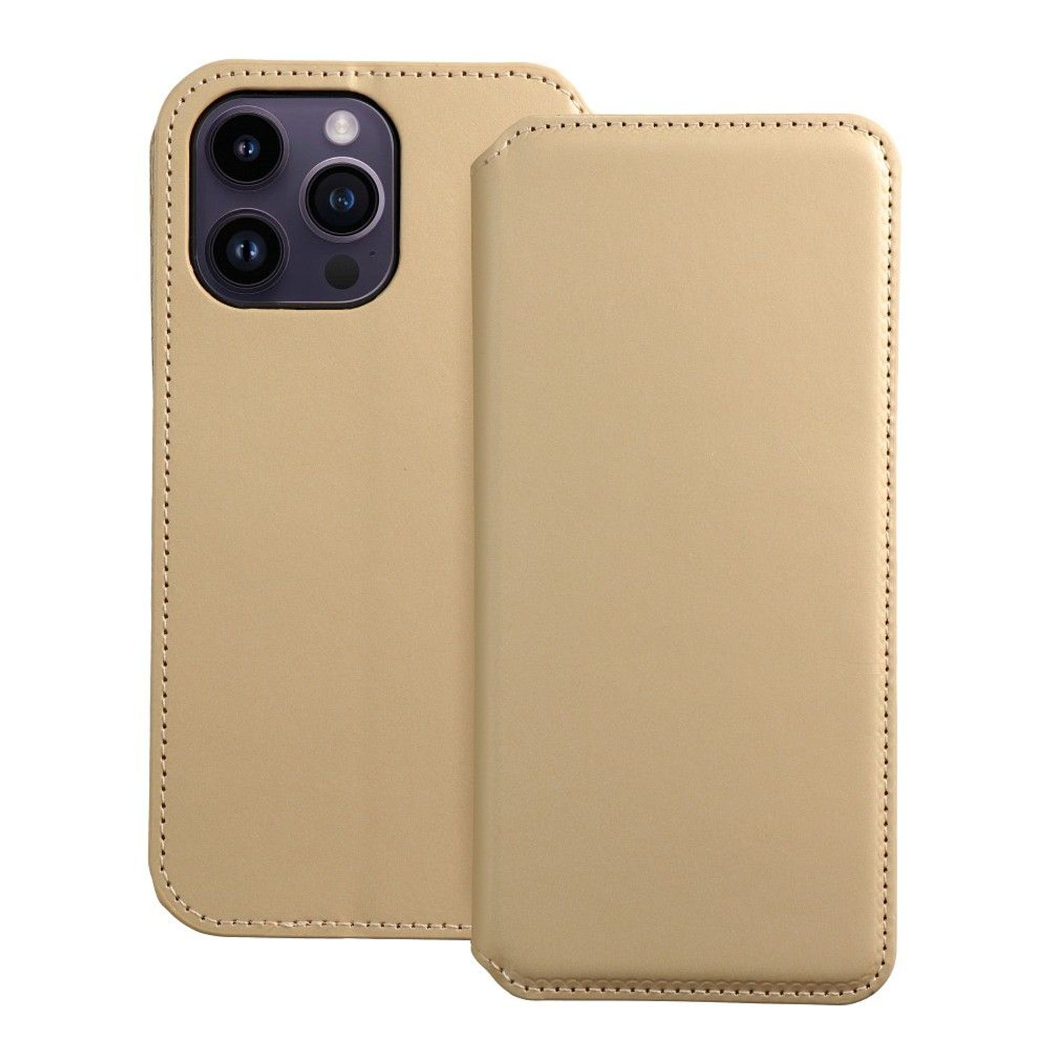 Beige Handyhülle mit offener Abdeckung, Rückseite eines Telefons, auf weißem Hintergrund.