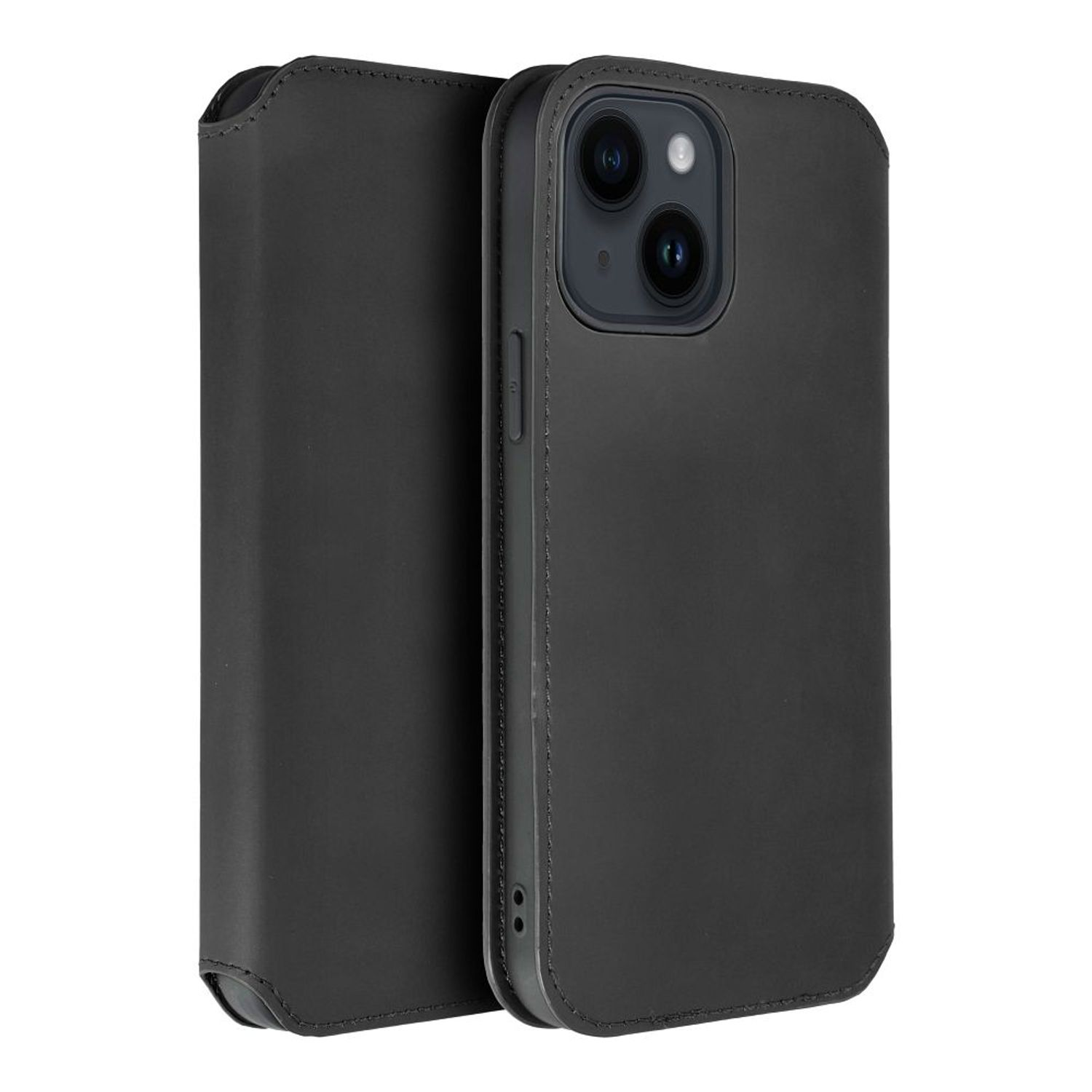 Schwarzes Telefon mit geschlossenem Lederetui. Das Etui ist dunkel und hat eine glatte Textur.