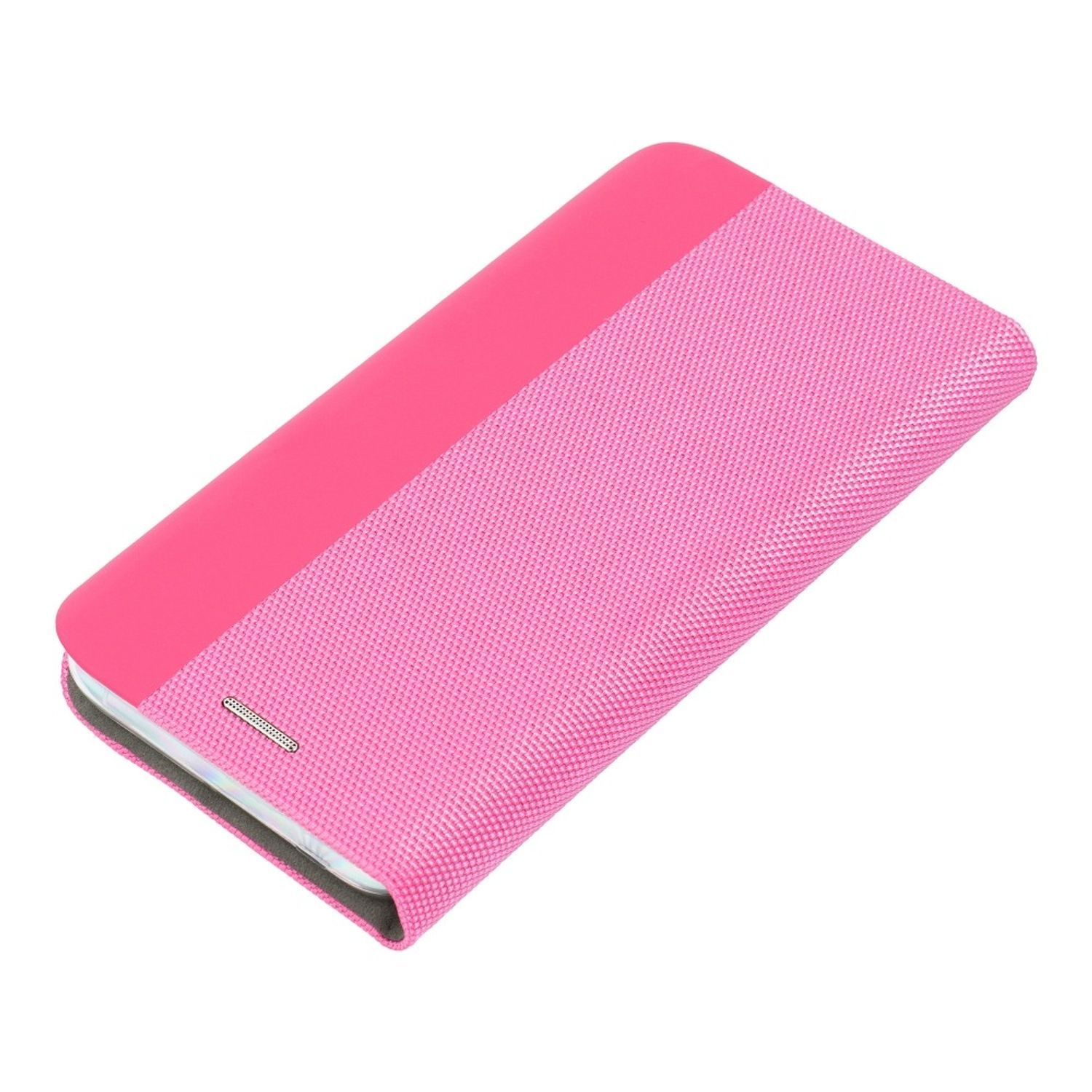 Eine pinkfarbene Handyhülle, geschlossen. Die Hülle kombiniert strukturierte und glatte pinkfarbene Materialien.