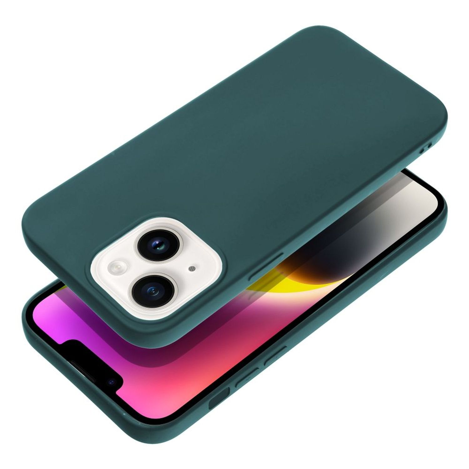 Dunkelgrüne Handyhülle mit Telefon, zeigt Kamera und Bildschirm.