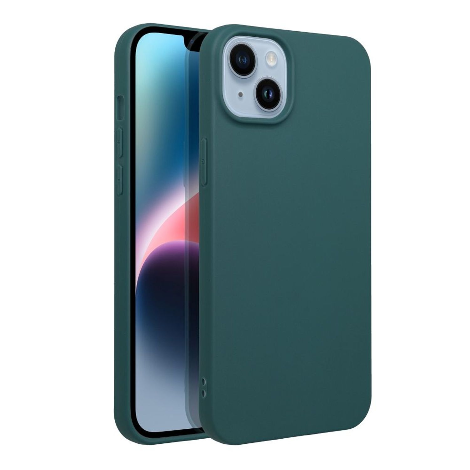 Eine grüne Handyhülle mit einem Telefon darin. Das Telefon hat zwei Kameralinsen.