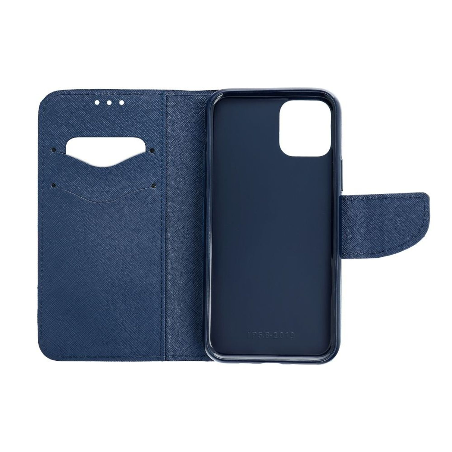 Eine blaue Handyhülle mit Kartenfächern, geöffnet, um ein Telefon zu zeigen.