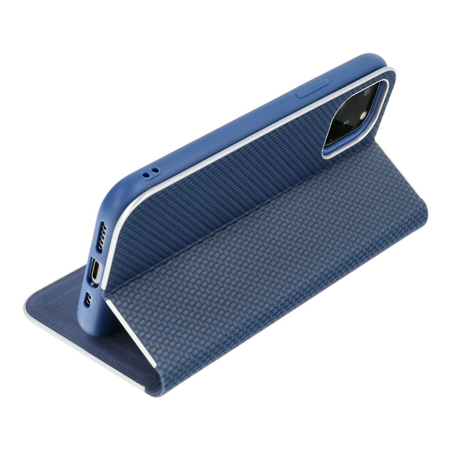 Blaue Handyhülle, mit Telefon, Seitenansicht.