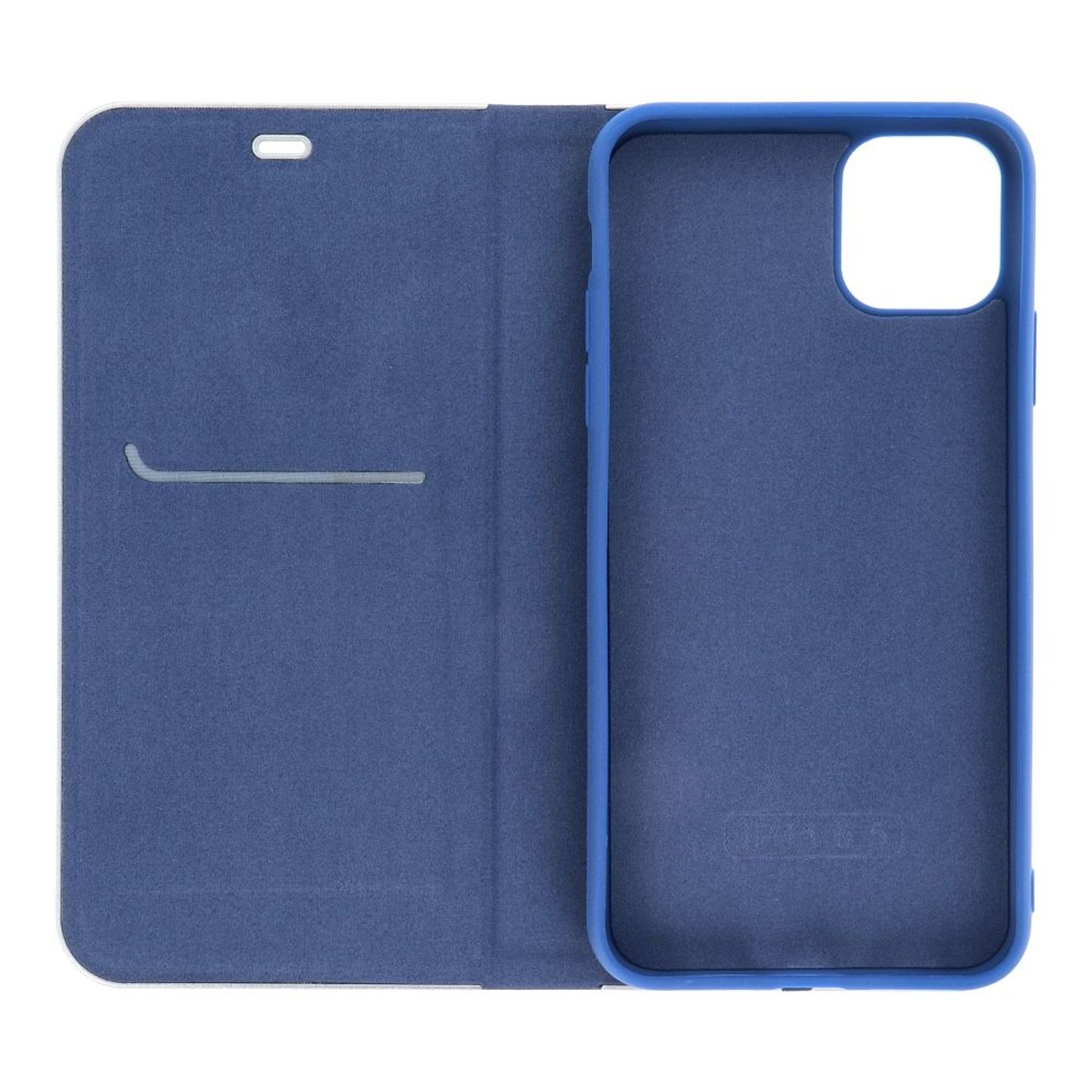 Blaue Tablethülle, geöffnet, um die Innenseite zu zeigen.