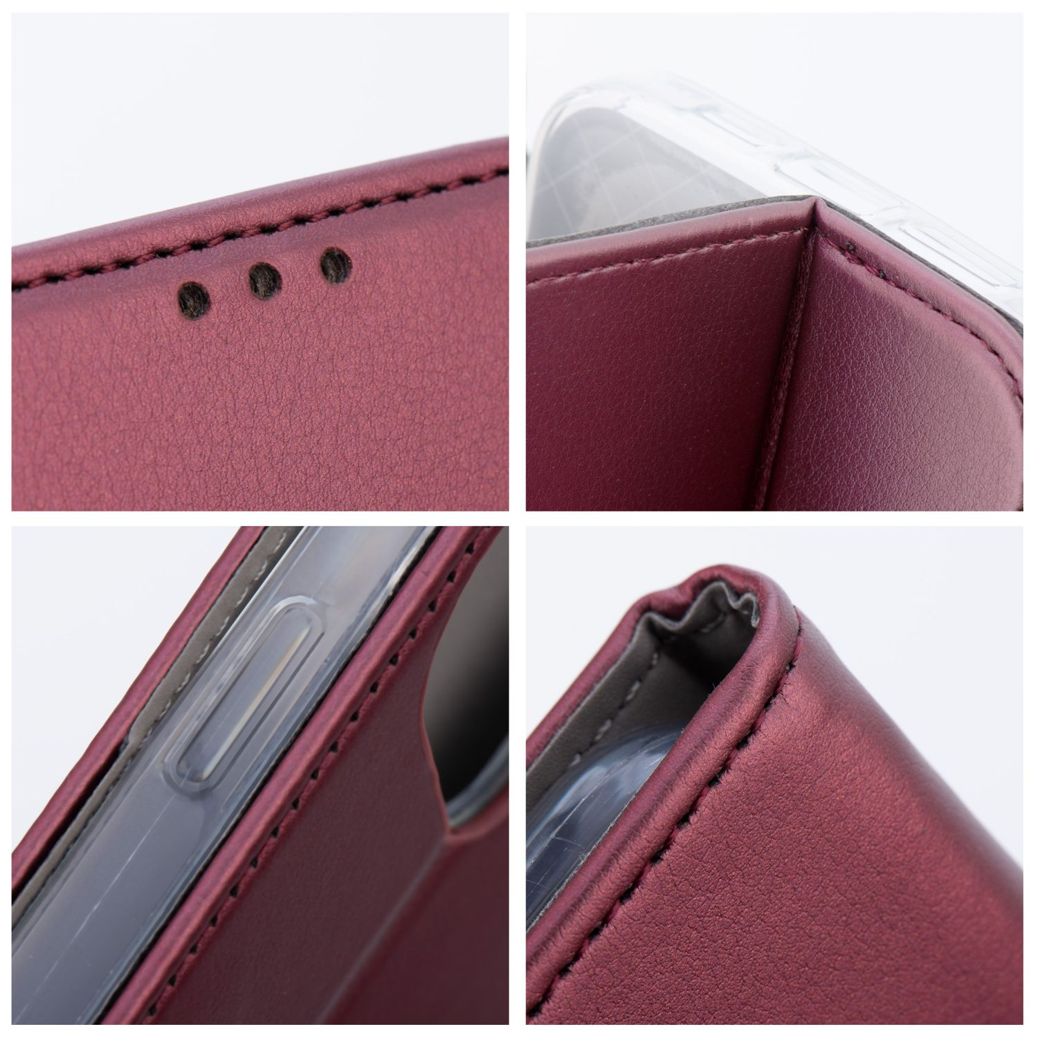Nahaufnahme einer weinroten Handyhülle mit Nähten und Materialdetails.
