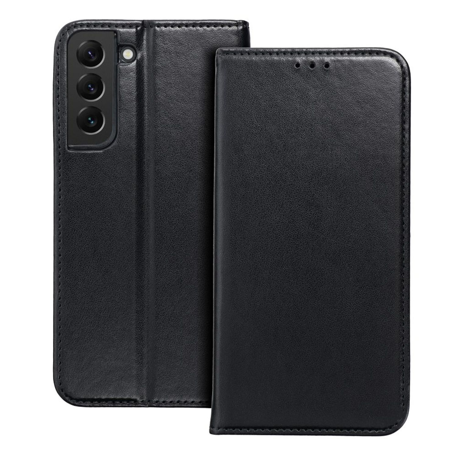 Schwarze Handyhülle offen, zeigt ein Telefon. Schwarzes Leder.
