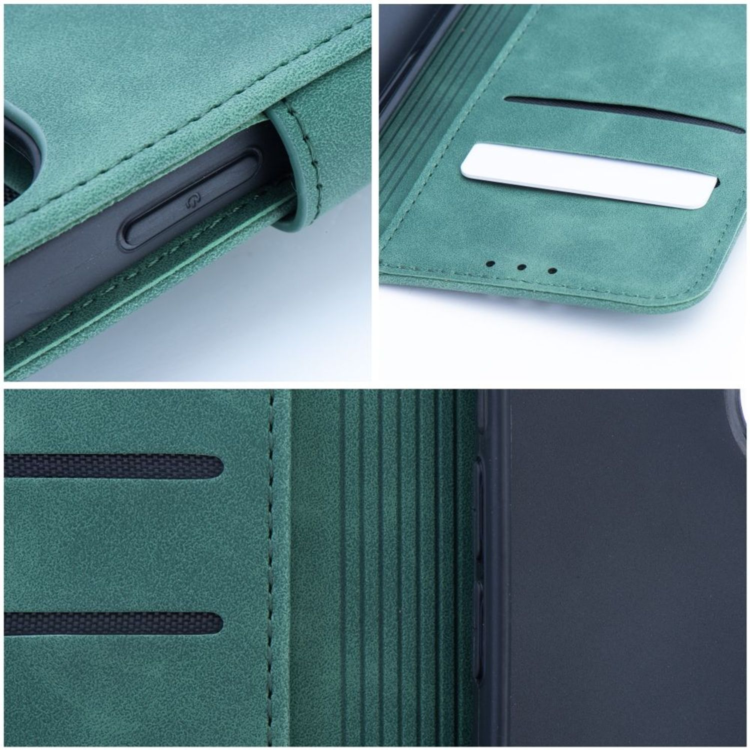 Nahaufnahme einer grünen Handyhülle mit Details zum Design, den Nähten und Anschlüssen.