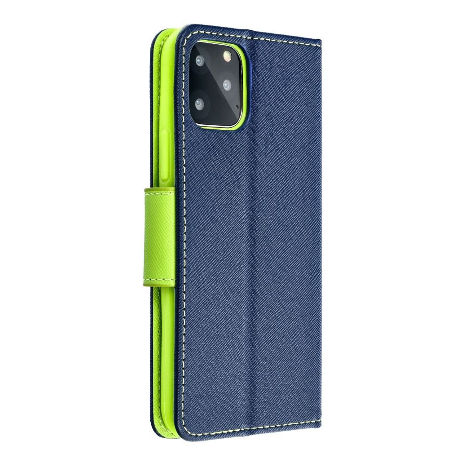 Ein Telefon in einer blauen Brieftaschenhülle mit grünem Akzent und gelbem Verschluss.