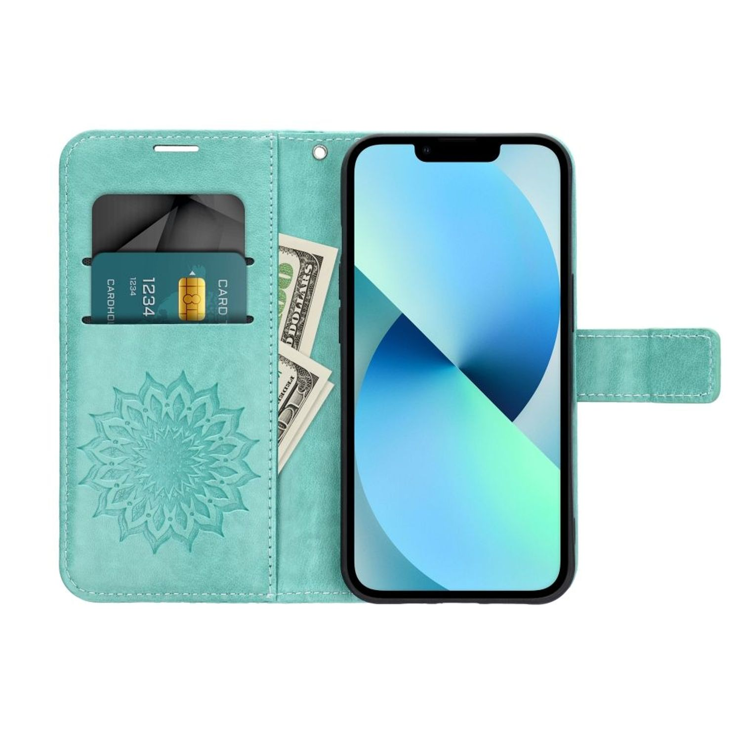 Eine türkisgrüne Handyhülle ist geöffnet, mit Karten und Geld darin. Ein Telefon befindet sich im Gehäuse.