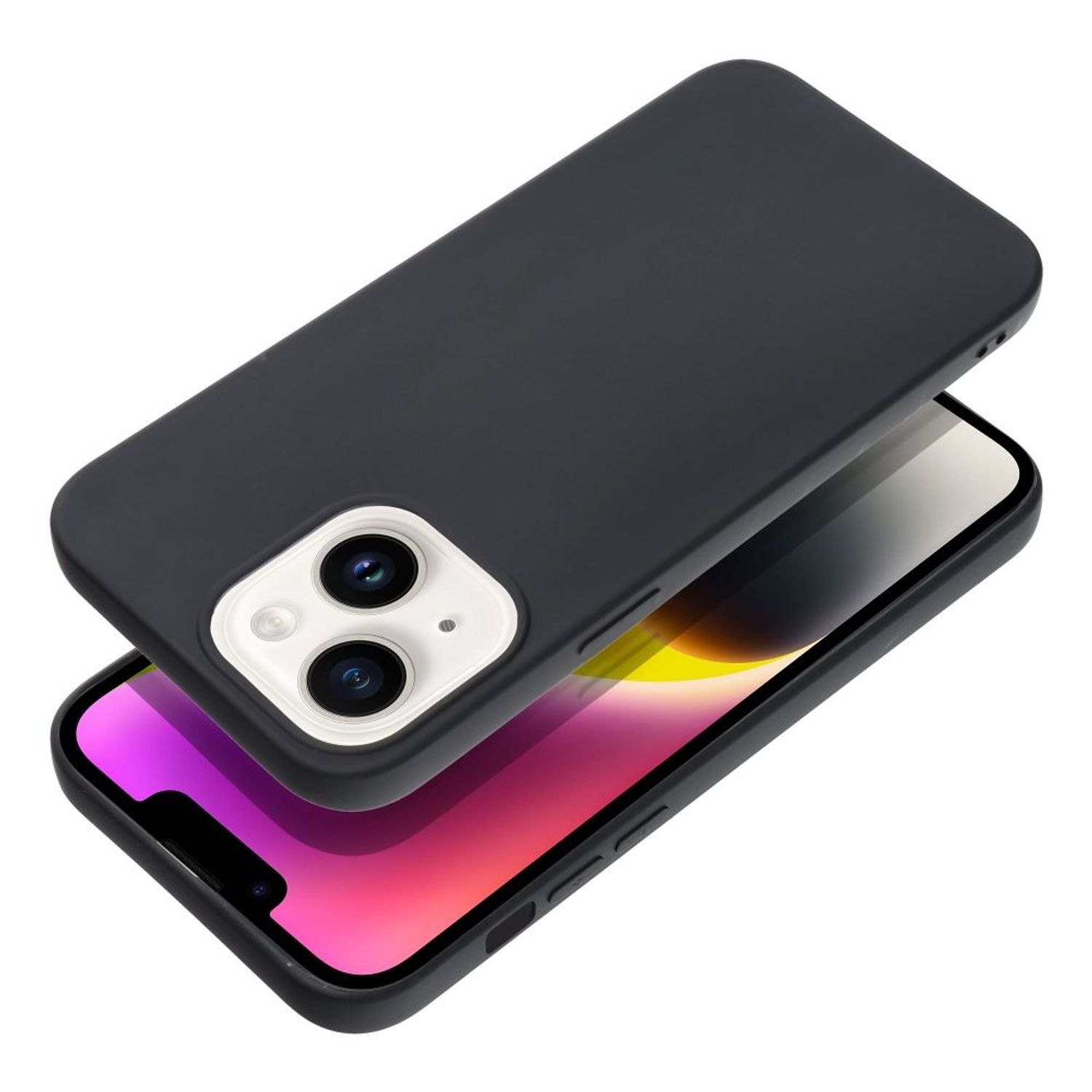 Schwarze iPhone-Hülle mit Telefon im Inneren, zeigt Kamera- und Bildschirmdetails.