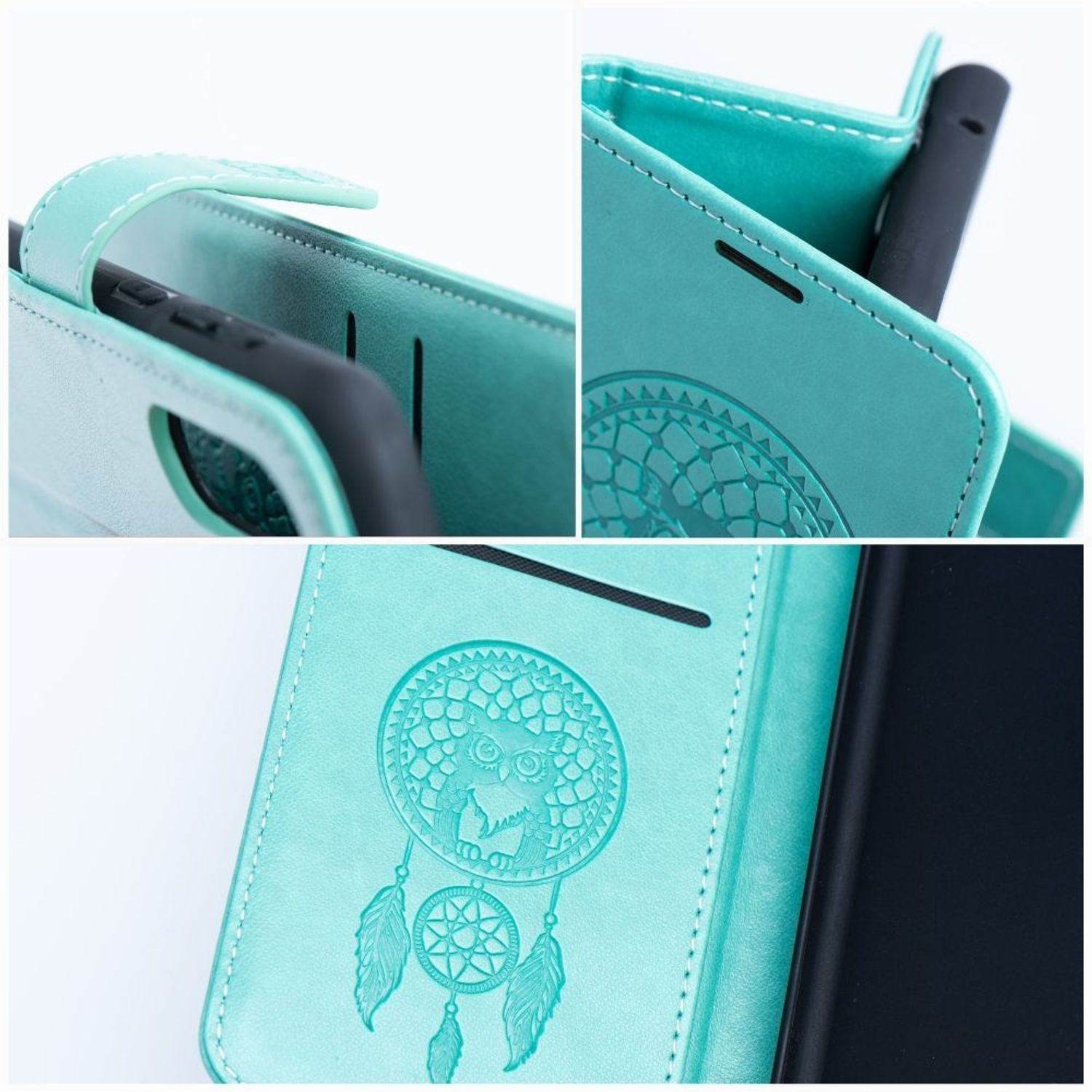 Eine türkisfarbene Handyhülle mit Traumfänger-Design. Details zeigen die geöffnete Hülle, mit Telefon und Verschluss.