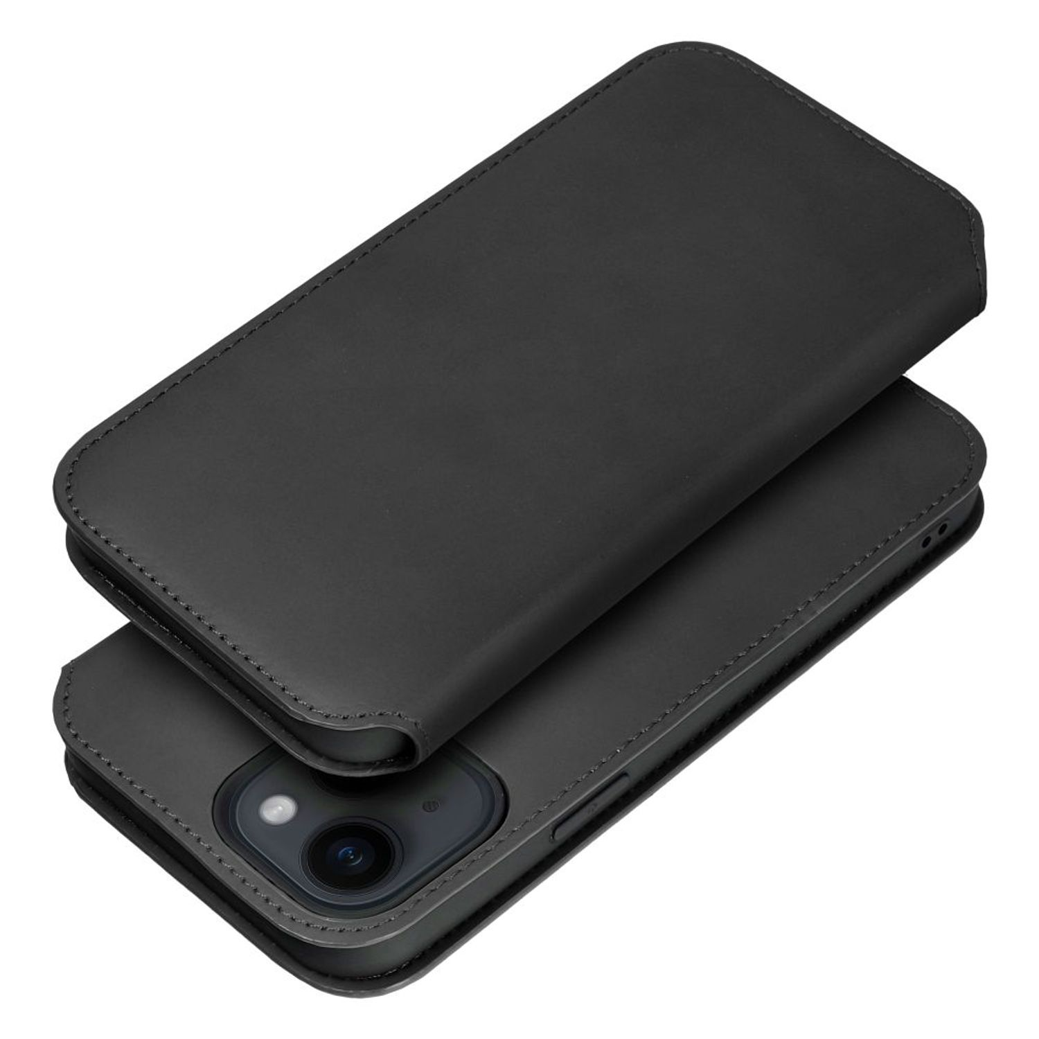Eine schwarze Handyhülle, geschlossen und geöffnet liegend. Das Telefon ist sichtbar. Die Oberfläche ist lederartig.