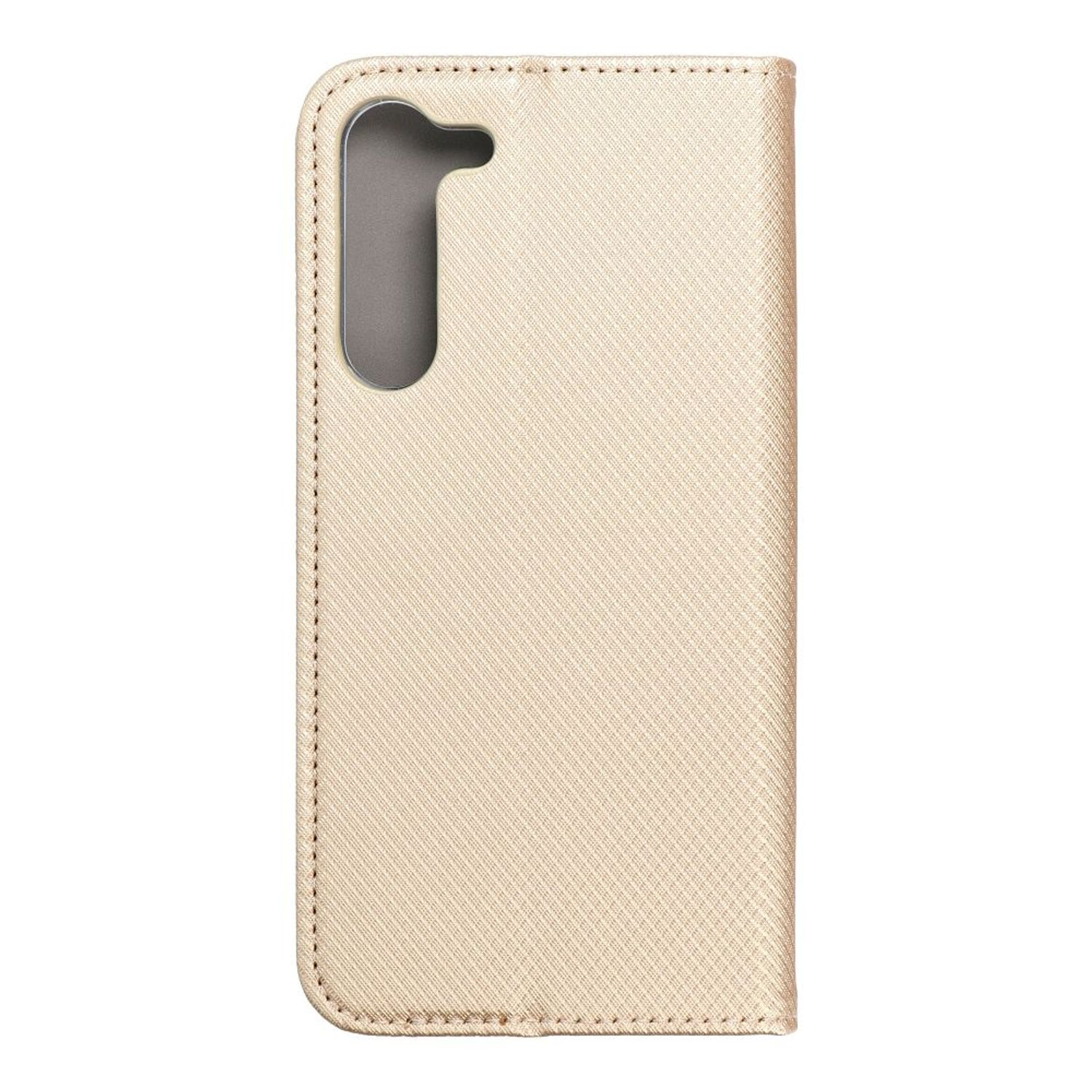 Eine beige Handyhülle mit einem strukturierten Rautenmuster. Die Hülle ist geschlossen.