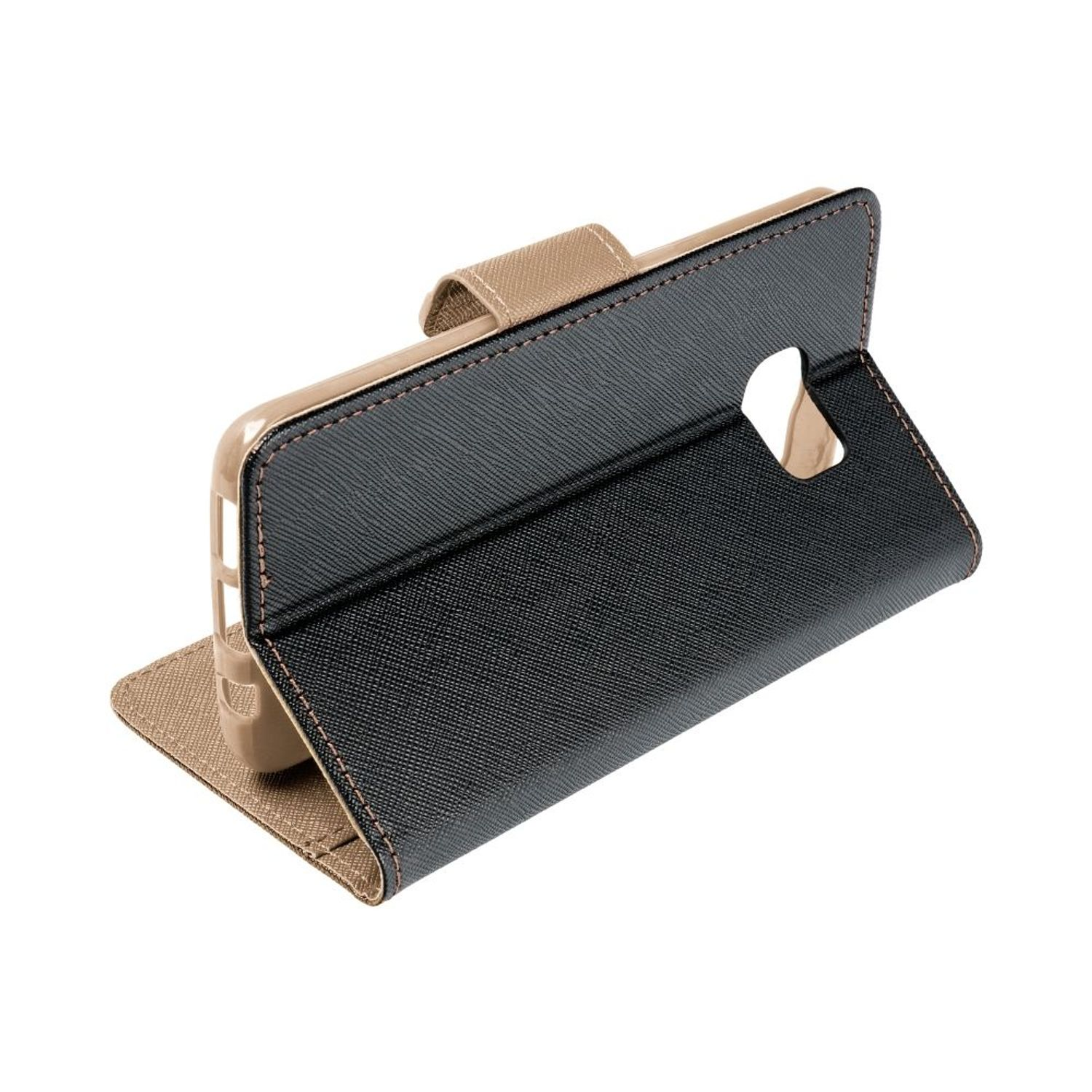 Schwarze Handyhülle mit beigem Klappdeckel, offen, das Telefon zeigend.