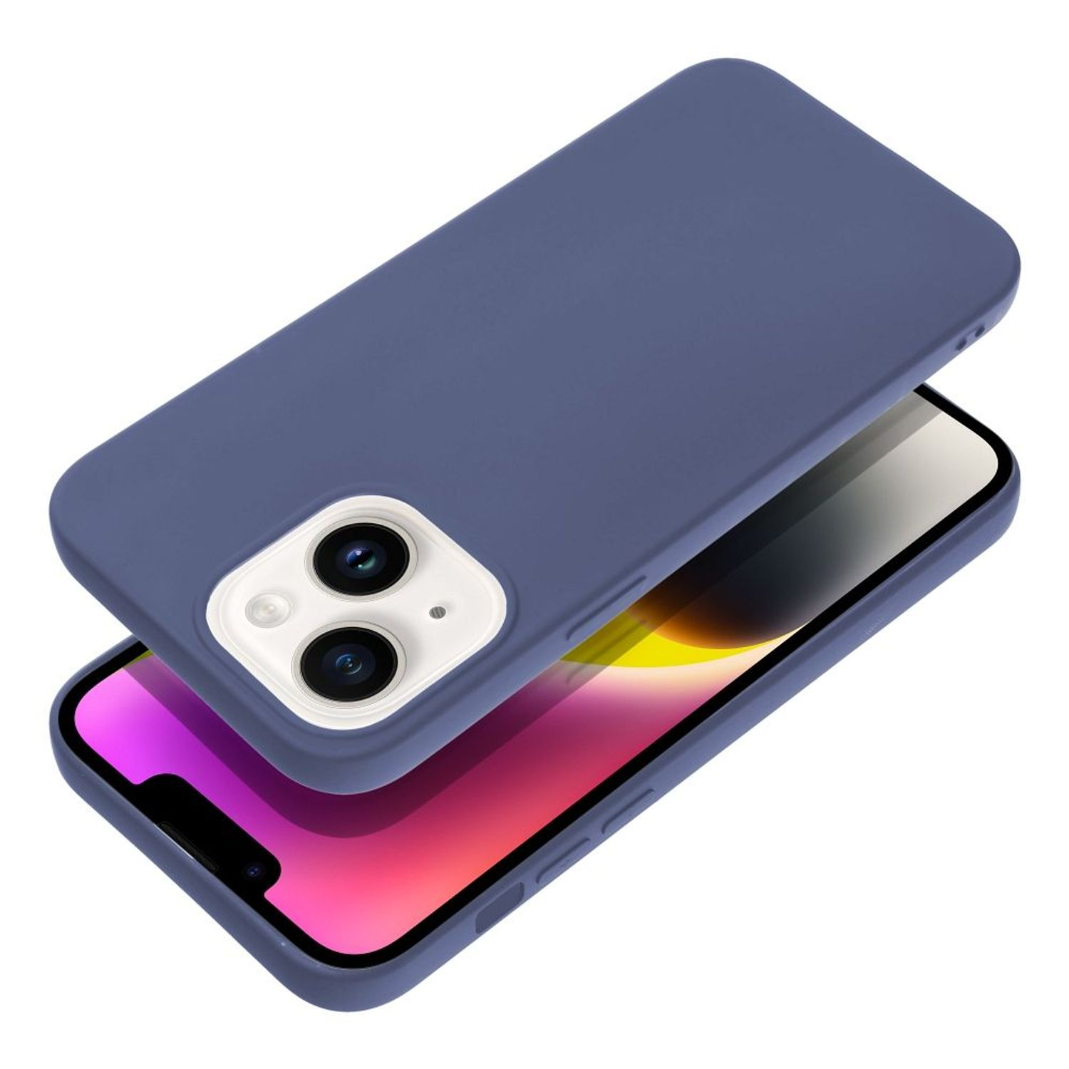 Blaue Handyhülle auf einem schwarzen Smartphone. Zwei Kameras sind auf der Rückseite sichtbar.