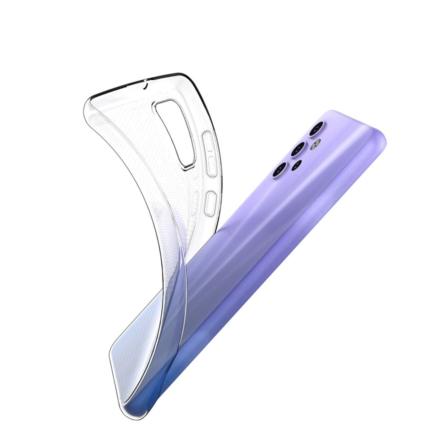 Klare Handyhülle neben einem lila Telefon. Die Hülle zeigt ein perforiertes Design.