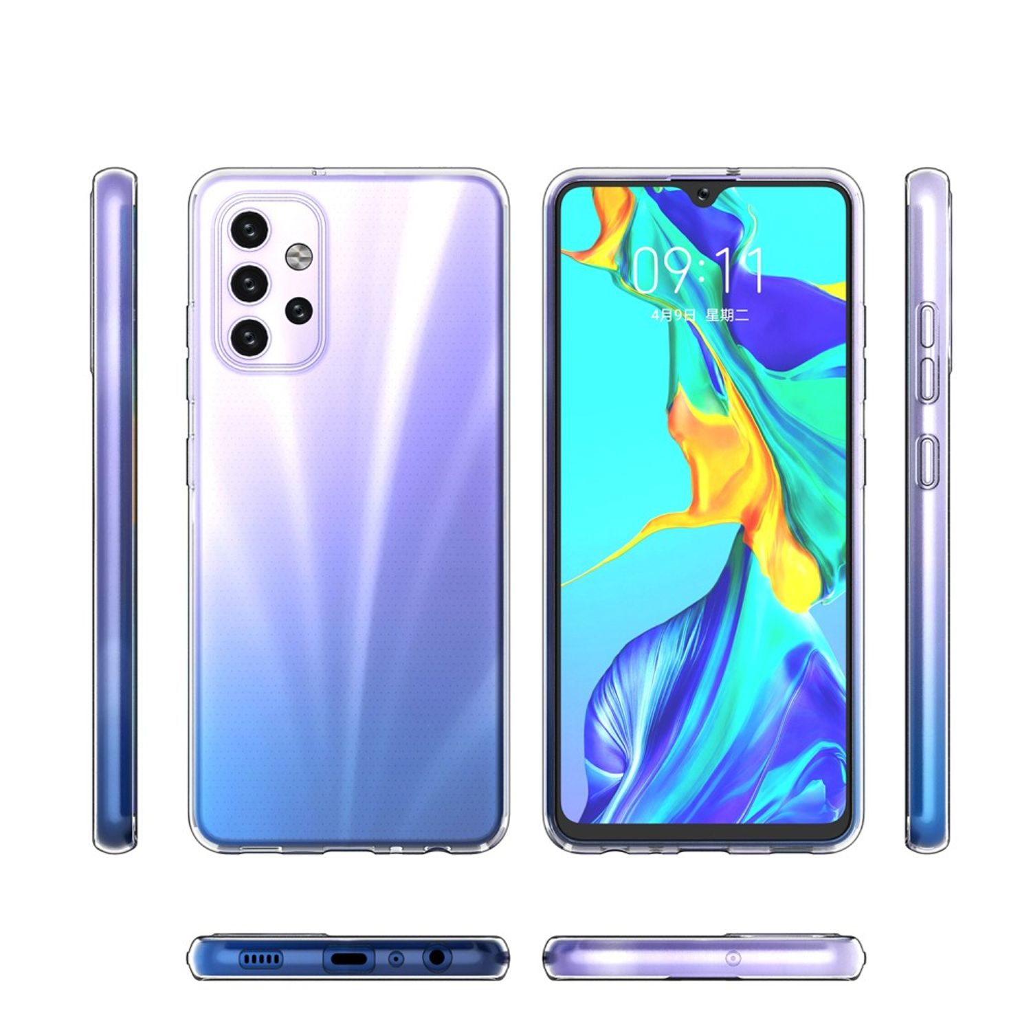 Telefon in mehreren Ansichten, in klarer Hülle. Das Telefon ist lila und hat mehrere Kameras.