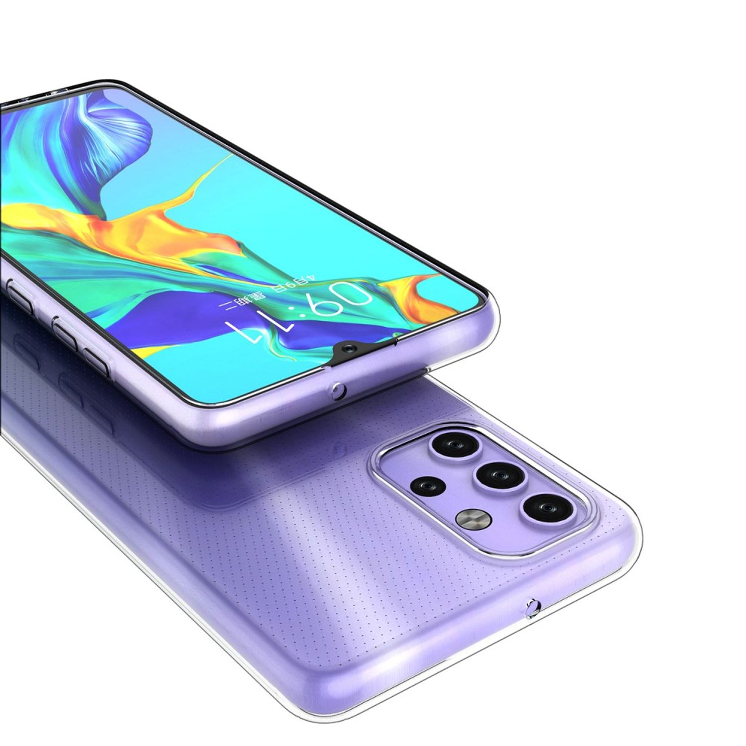 Ein Telefon mit Hülle liegt auf einem anderen, weißer Hintergrund.