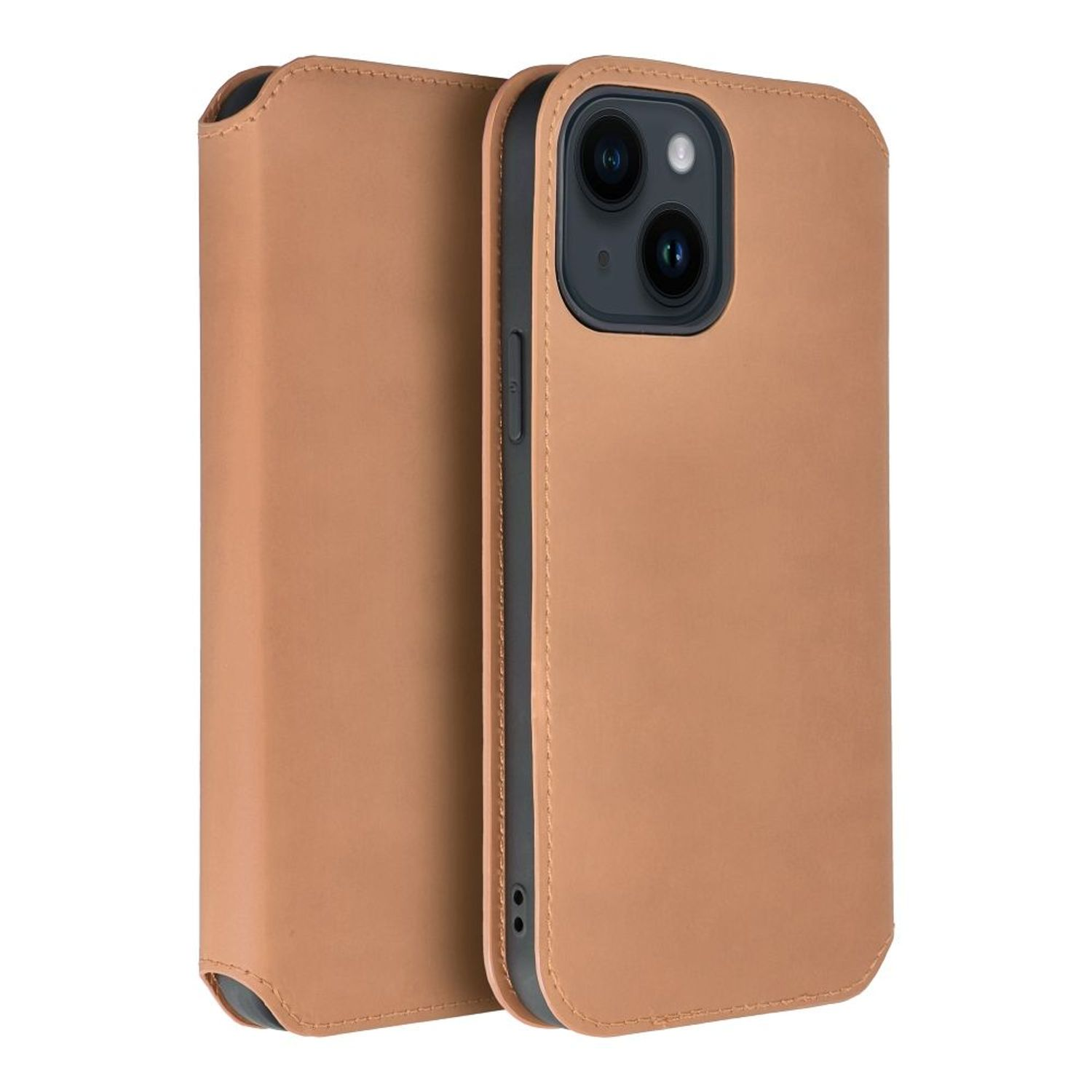 Hellbraune Leder-Handyhülle, offen und geschlossen. Die Handyhülle ist für ein iPhone.