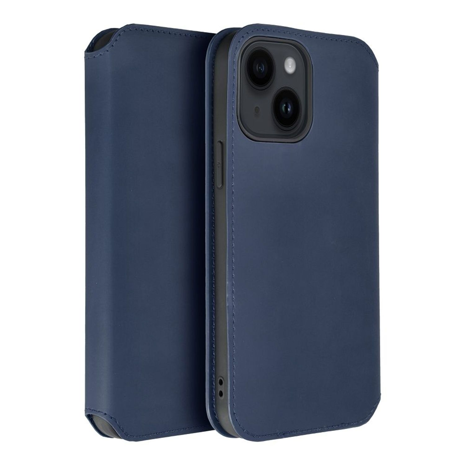 Blaue Telefonhülle, geschlossen, mit einem Telefon darin.