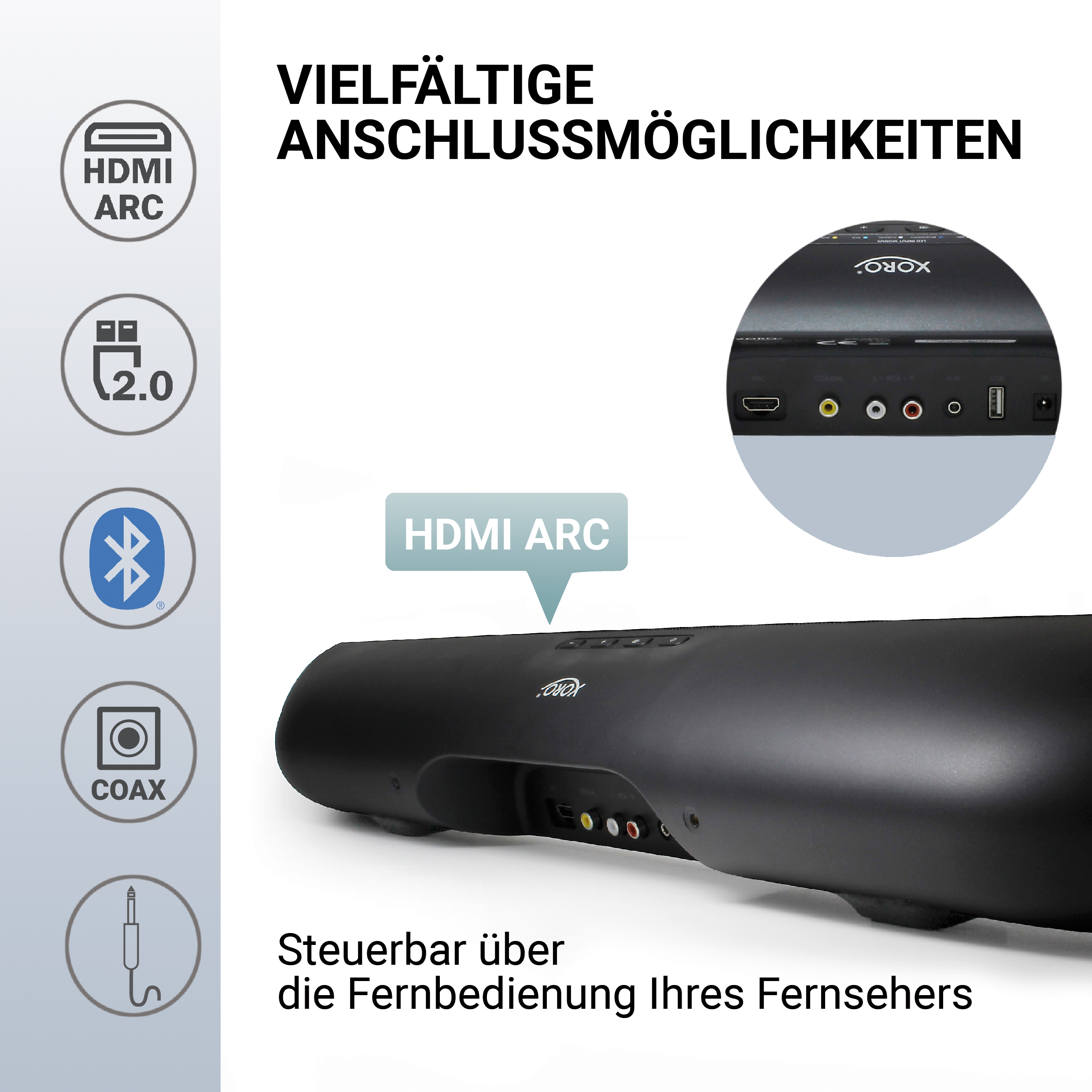 ARC,USB XORO Soundbar W mit IN,HDMI XORO 70 AV Kraftvolle 60 2.0 HSB Schwarz Mediaplayer,Fernbedienung, Bluetooth, Soundbar,