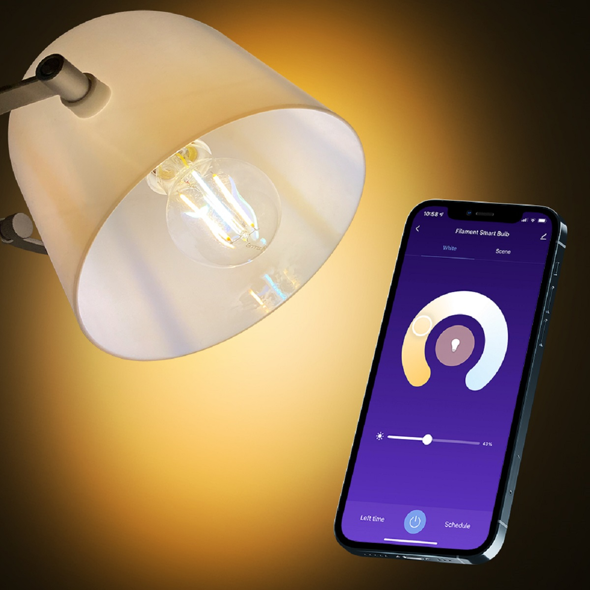 Lampa z inteligentną żarówką, sterowana przez telefon, który wyświetla interfejs koloru i jasności.