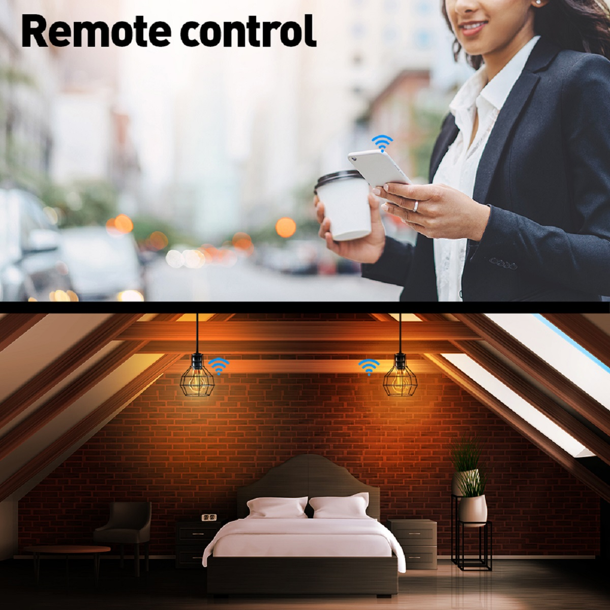 Kobieta korzystająca z telefonu. Scena zawiera tekst 'Pilot'. W tle sypialnia.