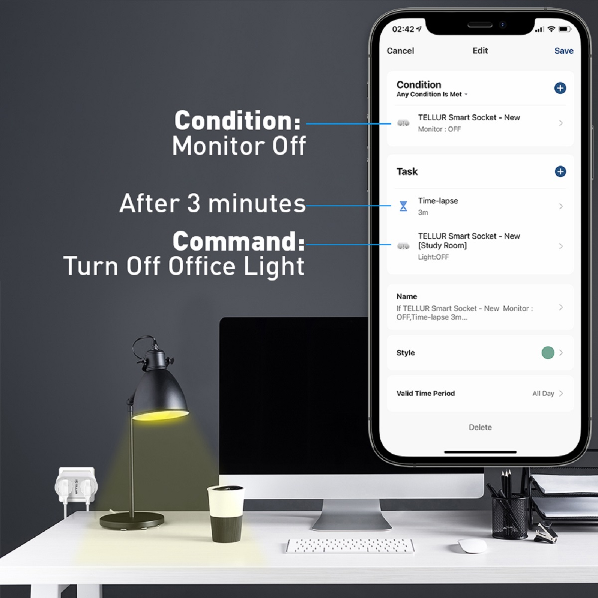 Ekran smartfona wyświetlający aplikację smart home. Biurko z lampą i światłami. Czarne tło.
