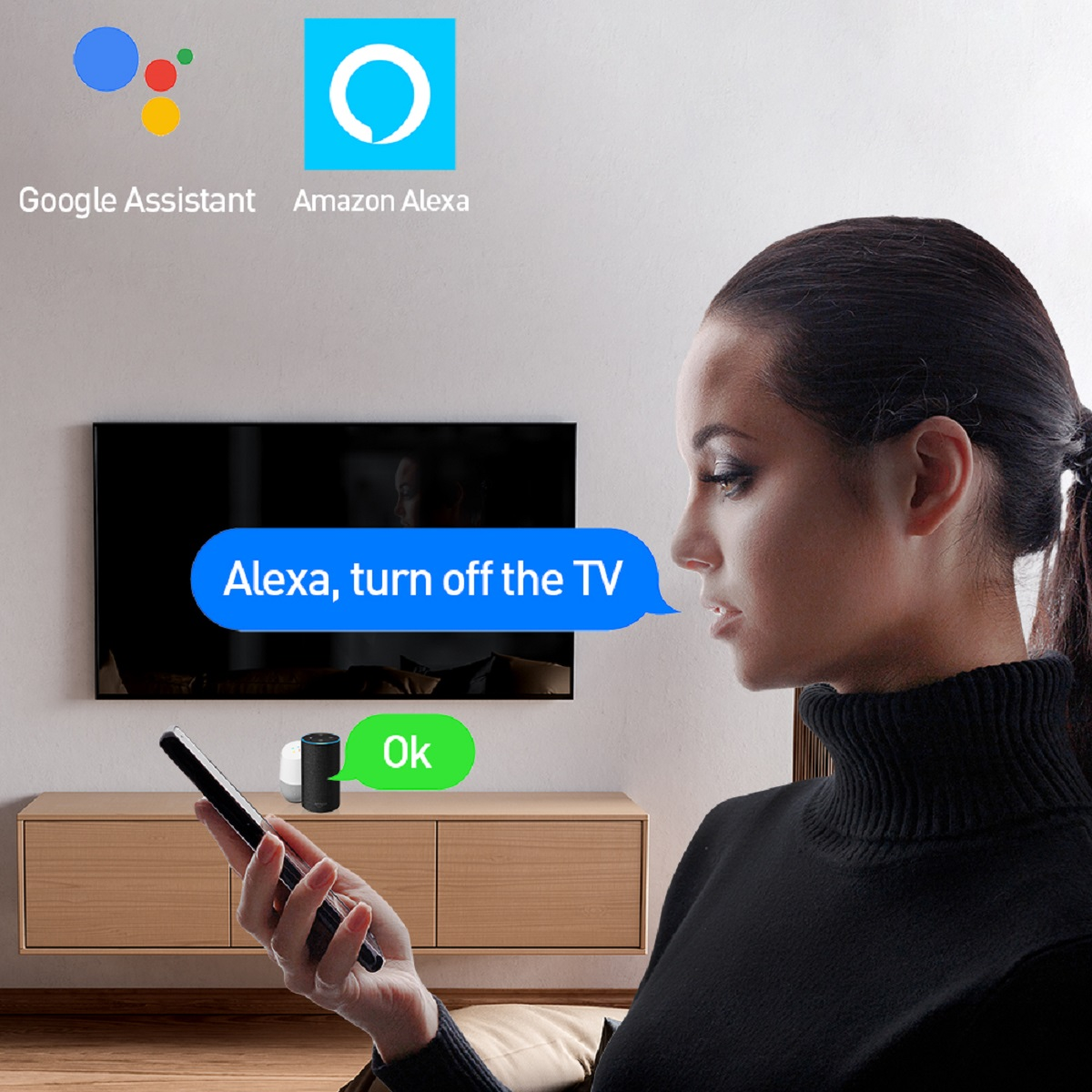 Kobieta używa telefonu z Alexą, TV w tle, ikony Google Assistant i Amazon Alexa.