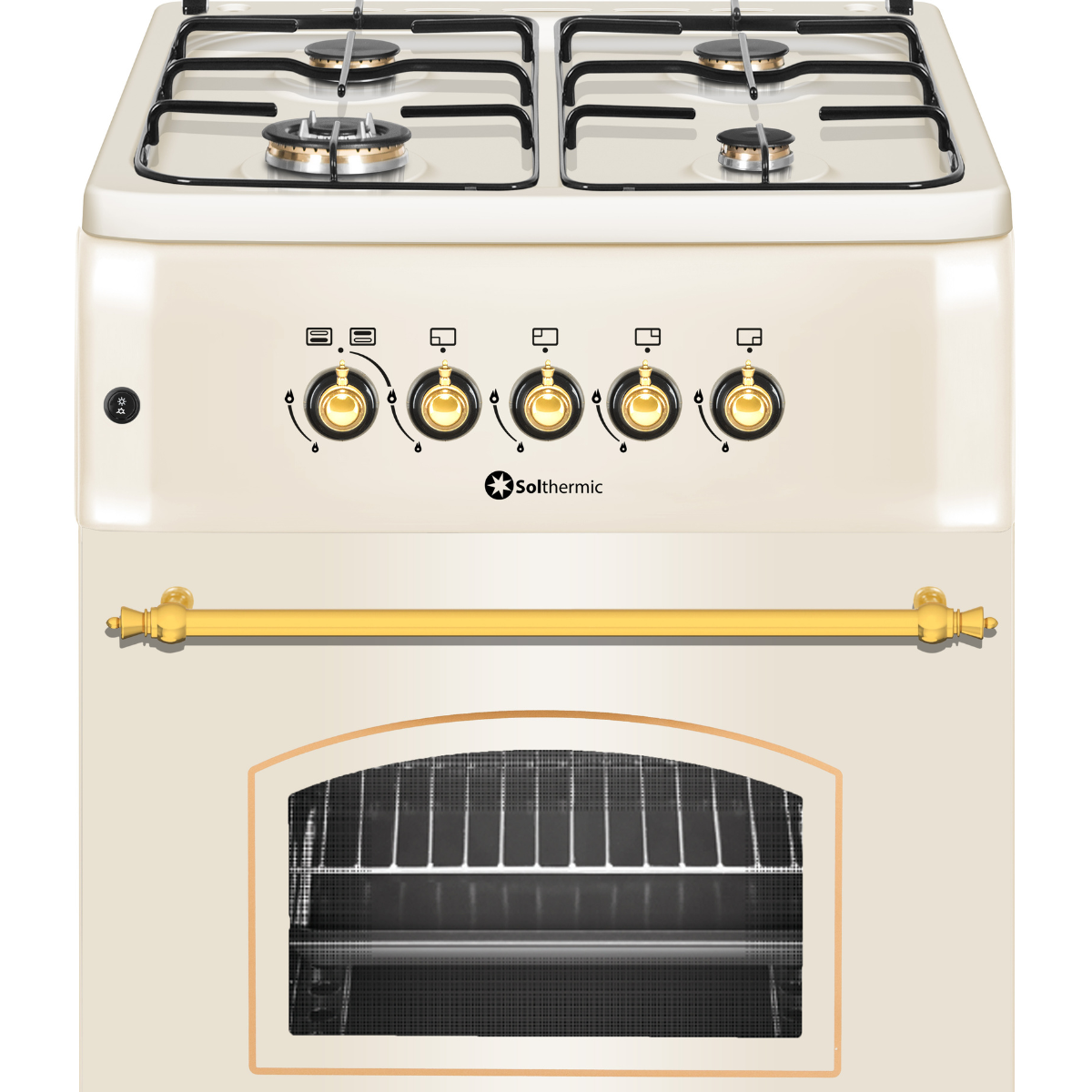 Cocina de gas blanquecina con cuatro quemadores y perillas doradas. Puerta del horno abajo con asa dorada.