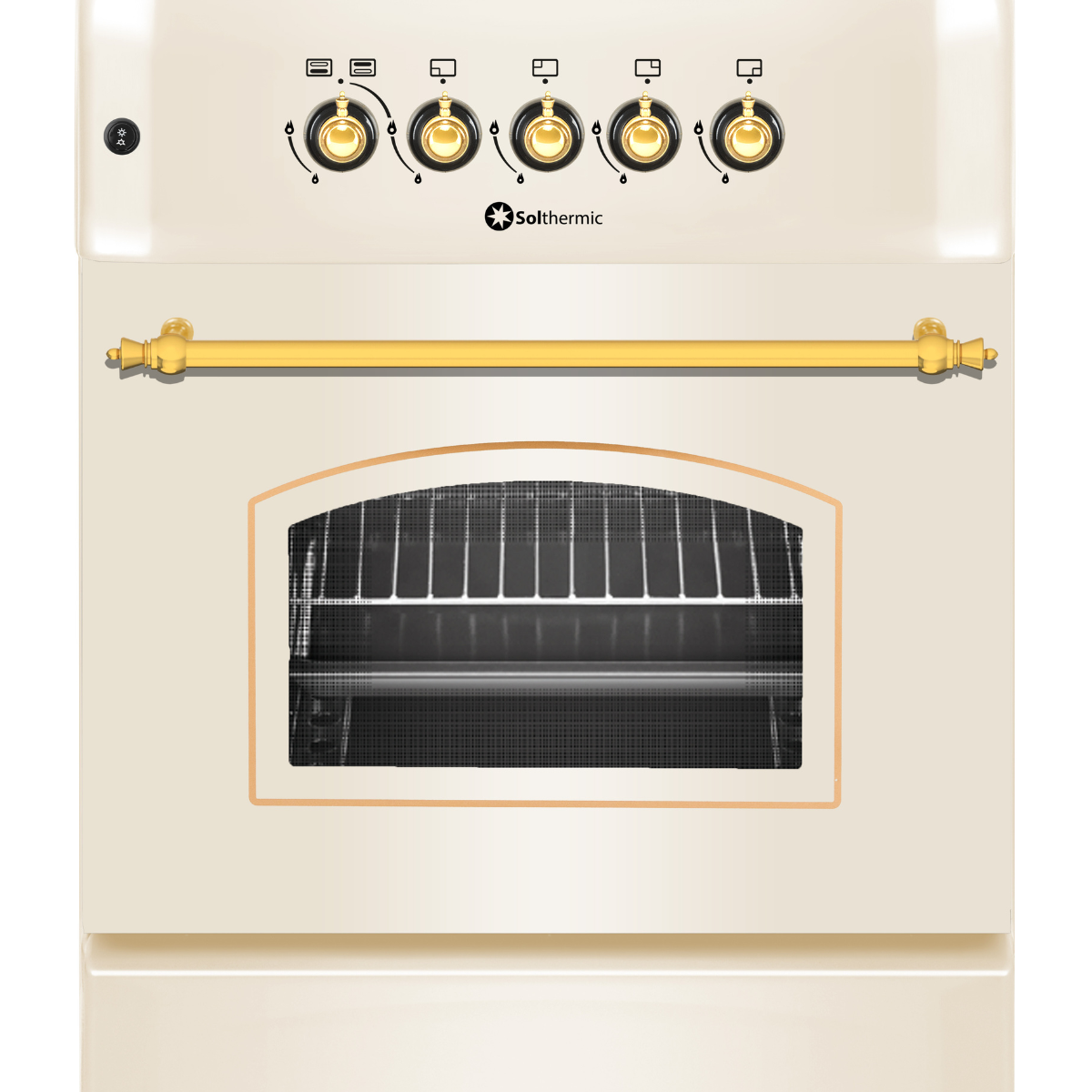 Frente de horno crema con perillas, manija y logotipo Solthermics, fondo blanco.