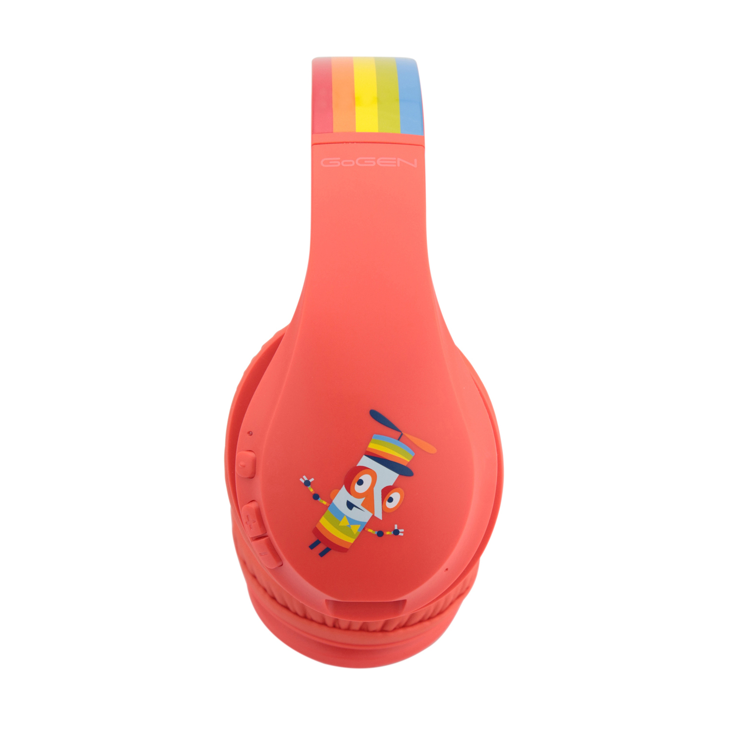 Rote Kopfhörer mit Regenbogenstreifen am Bügel und Cartoonfigur am Ohr.