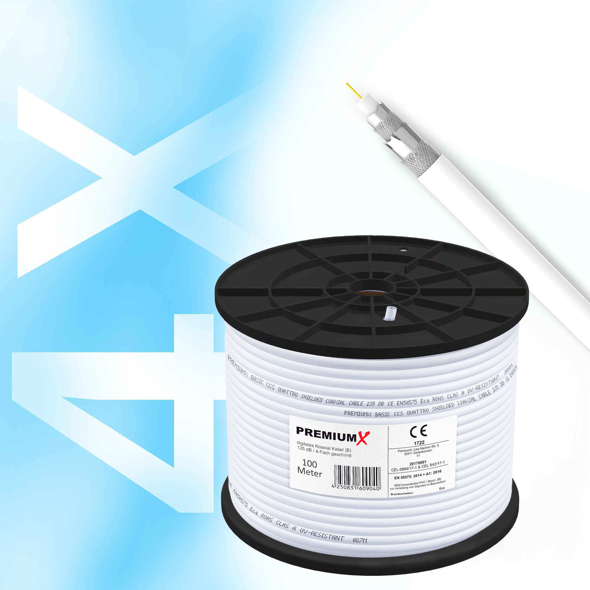 Weiße Kabelrolle mit der Aufschrift PREMIUMX, 100 Meter. Ein weißes und silbernes Kabel erstreckt sich von der Rolle.