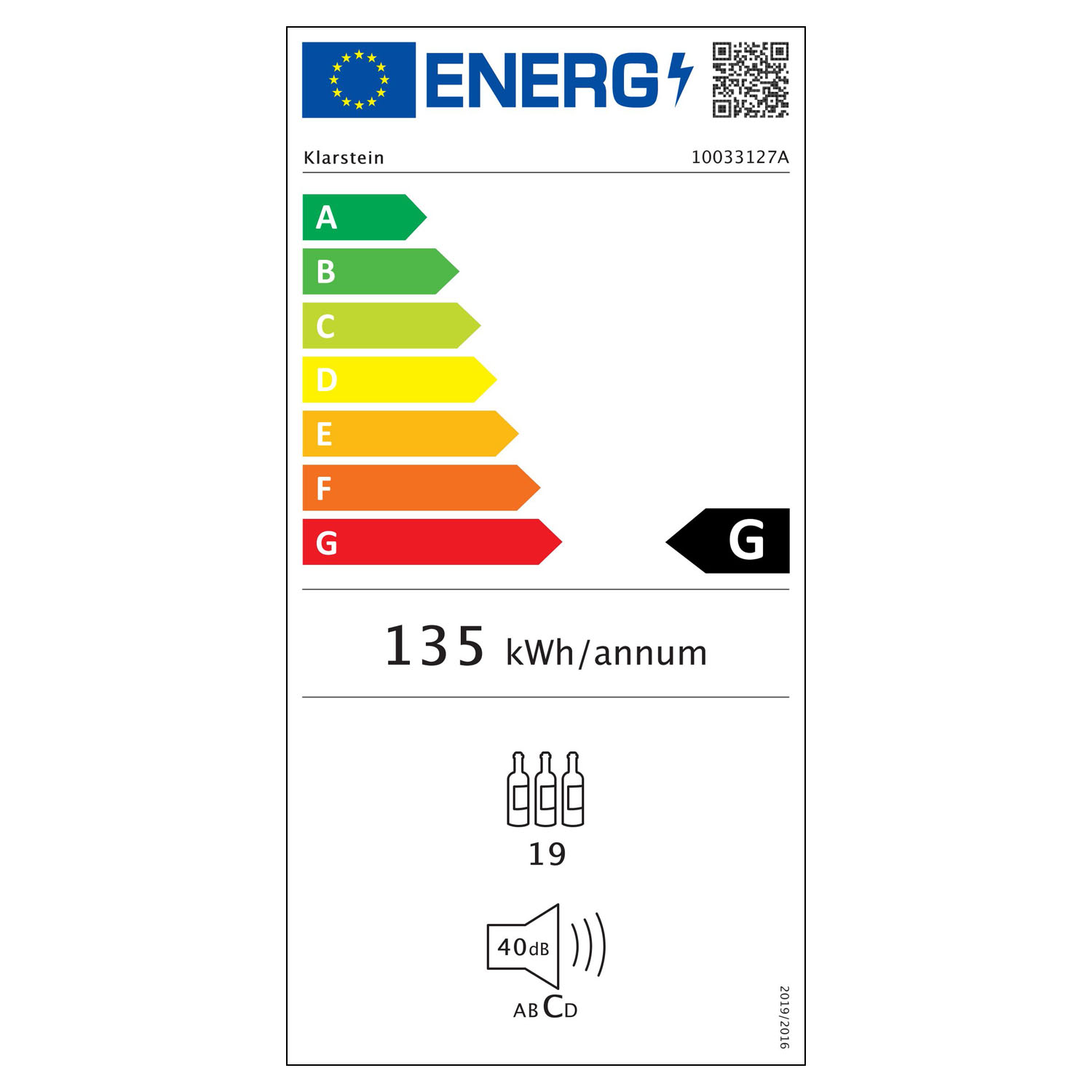 Un'etichetta energetica che mostra la classe di efficienza energetica e i dettagli di consumo di un prodotto Klarstein.
