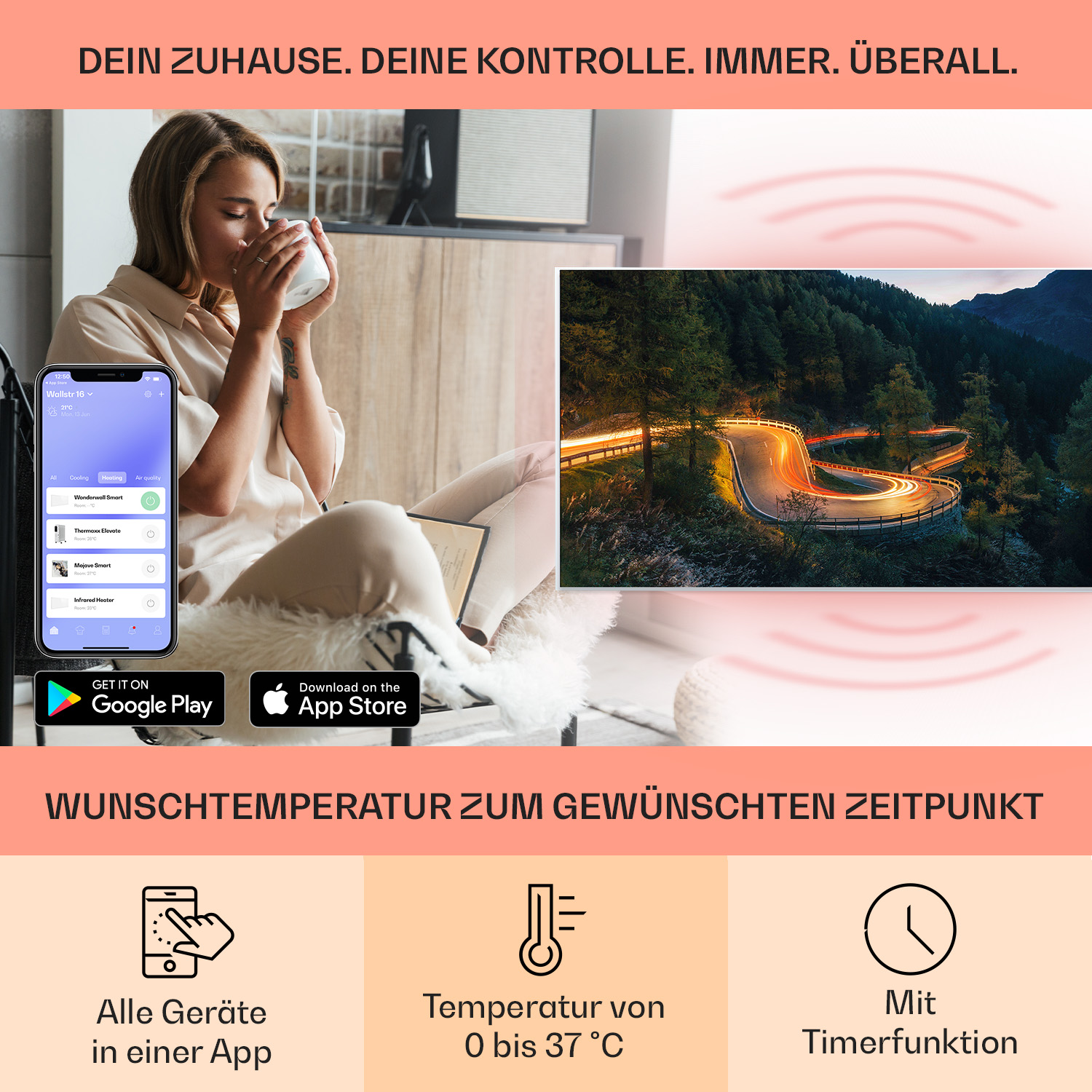 App auf Telefon mit Smart-Home-Steuerung. Straße bei Nacht auf TV-Bildschirm. Text über Smart Home.