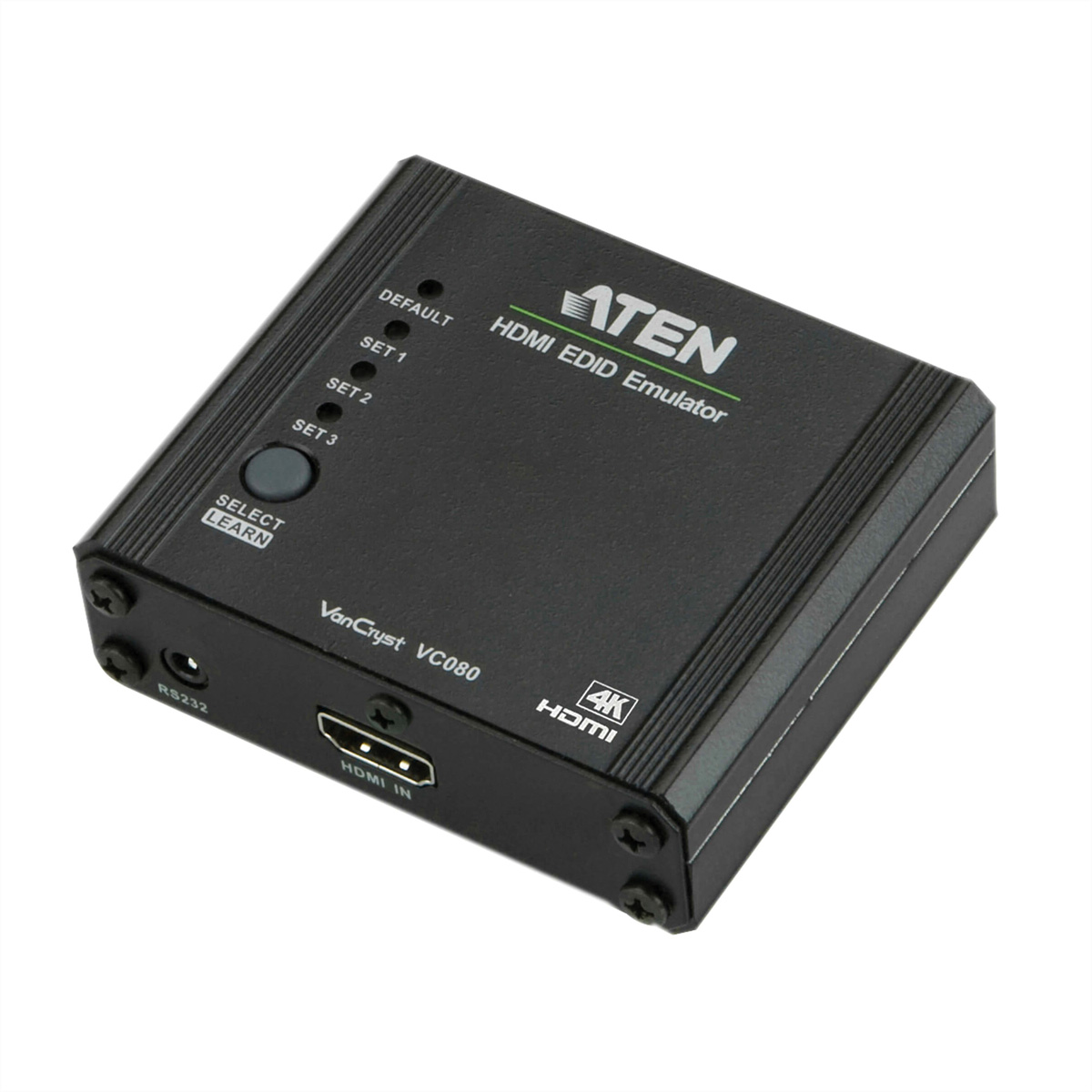 Black ATEN HDMI EDID emulator. It has buttons and ports, and a label with text.